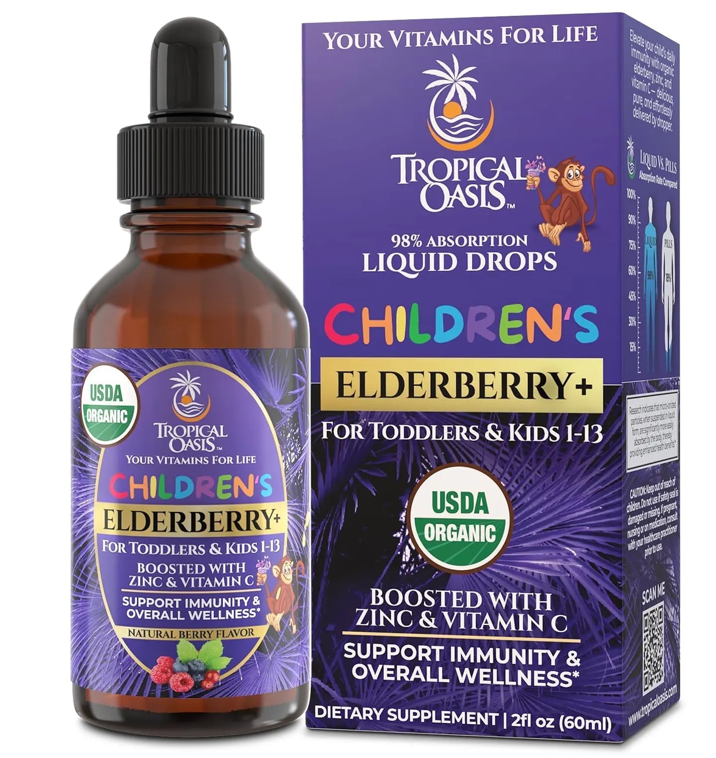 Tropical Oasis USDA Organic Liquid Vitamin Drops with Elderberry, Vitamin C and Zinc for Toddlers & Kids | Sugar Free | Vegan | Non-GMO | 2 Fl Oz Tropical OasisAu supplements