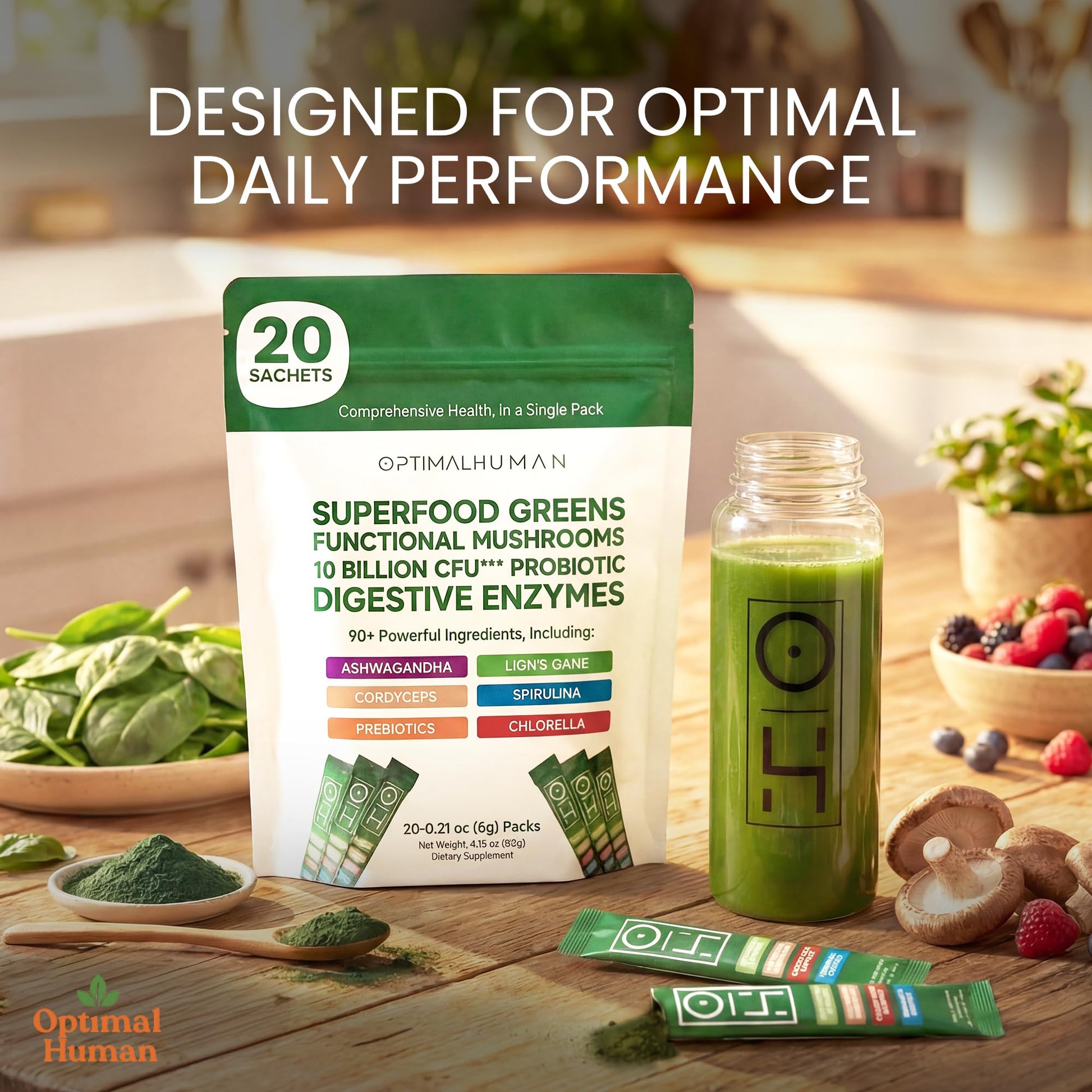 Optimal Human Superfood Greens Powder – 90+ Ingredient Blend with Lion’s Mane Supplement, Ashwagandha & Turmeric – Non-GMO, Soy-Free, Mushroom Supplements for Women – 20 Sachets O HAu supplements