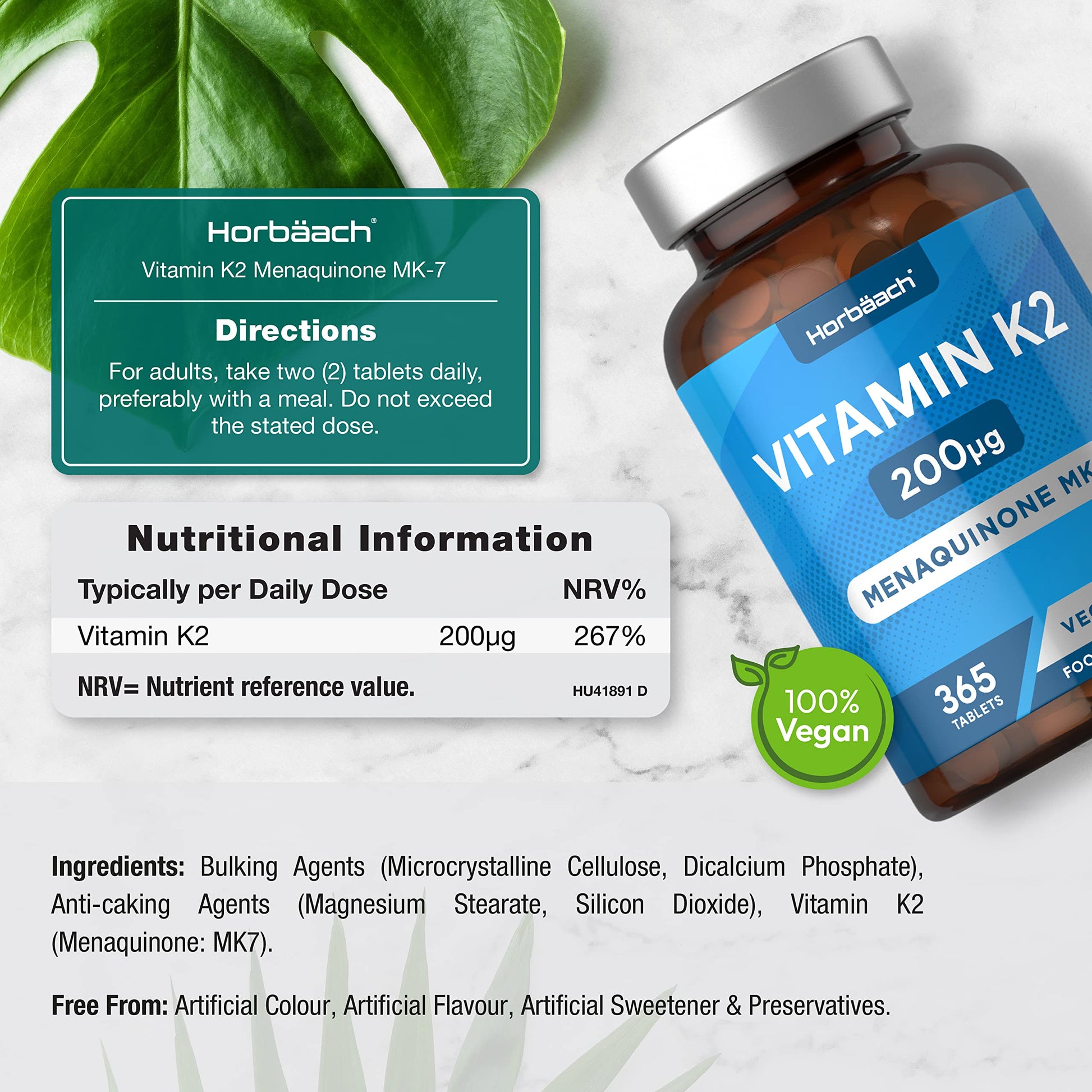 Vitamin K2 MK7 200ug | 365 Vegan Tablets | High Strength Menaquinone MK-7 HorbäachUS supplements