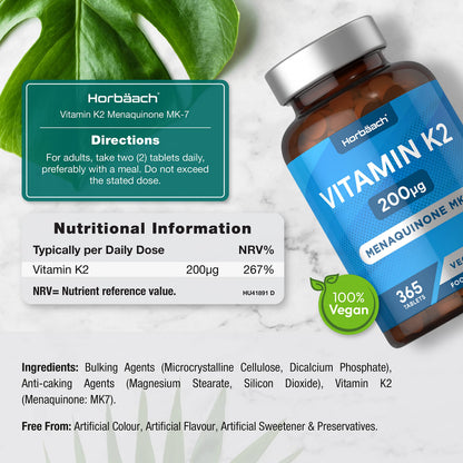 Vitamin K2 MK7 200ug | 365 Vegan Tablets | High Strength Menaquinone MK-7 HorbäachUS supplements