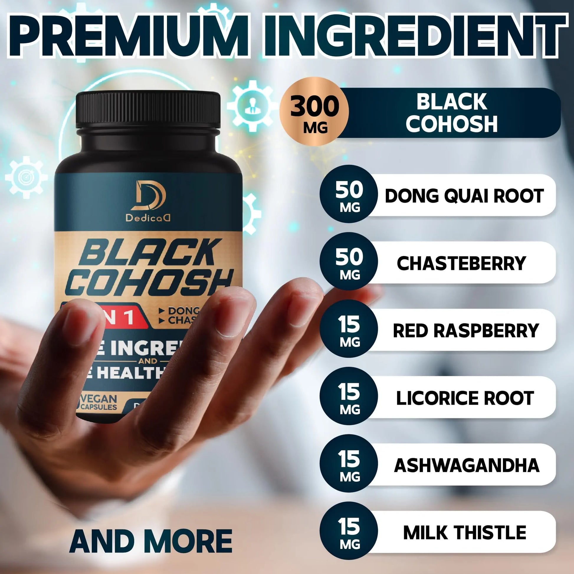 DEDICAD Black Cohosh Supplement - 3 Months for Menopause & Immune Health - Blend of 12 Potent Herb Includes Dong Quai, Chasteberry, Wild Yam, Red Clover, Black Pepper & Others - 90 Vegan Capsules DEDICADnz supplements