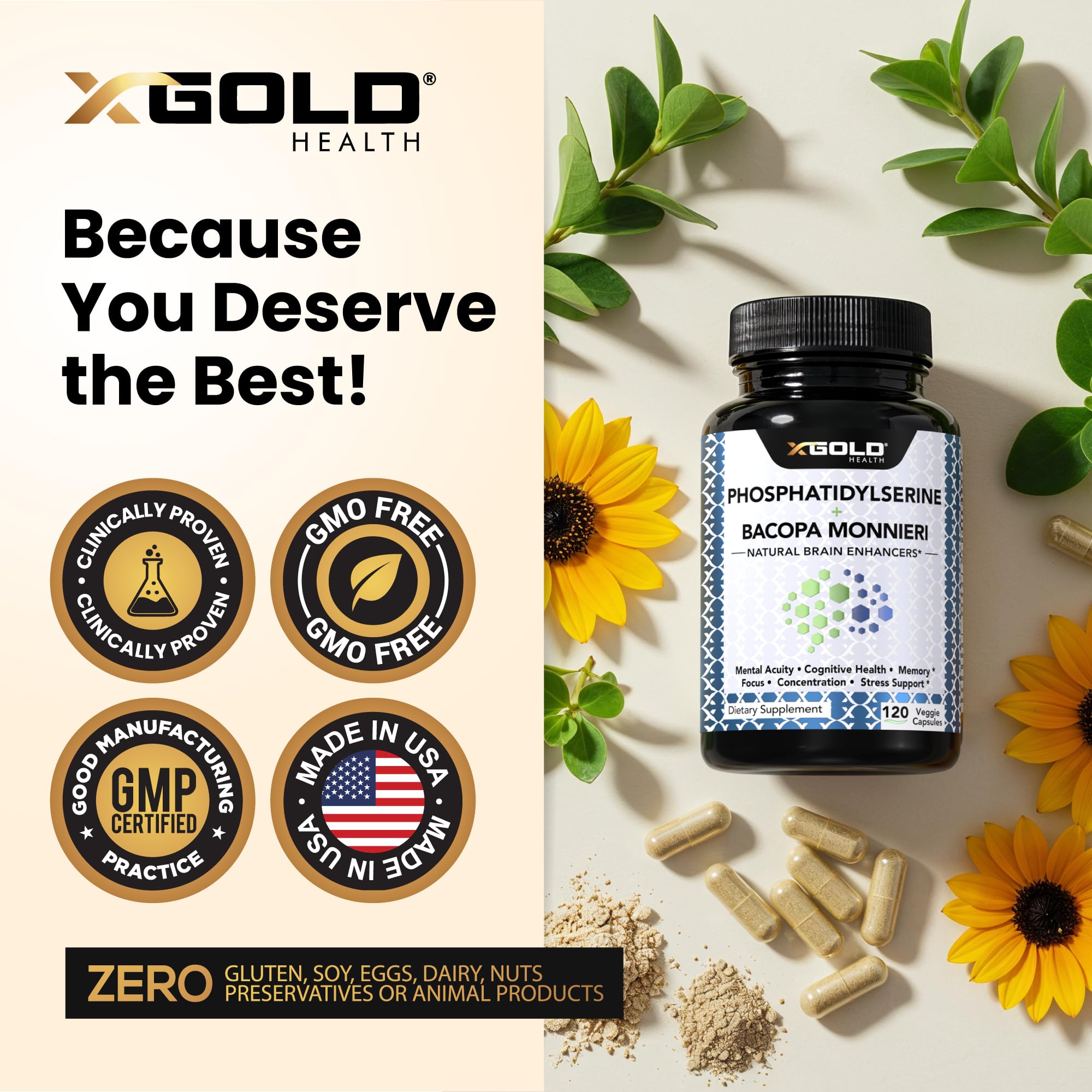 PhosphatidylSerine & Bacopa Monnieri 800 mg 2 in 1 Supplement - Natural Brain Enhancer/Nootropic for Enhanced Focus and Concentration, Memory Support, & Cognitive Function - 120 Vegetarian Capsules X Gold HealthAu supplements
