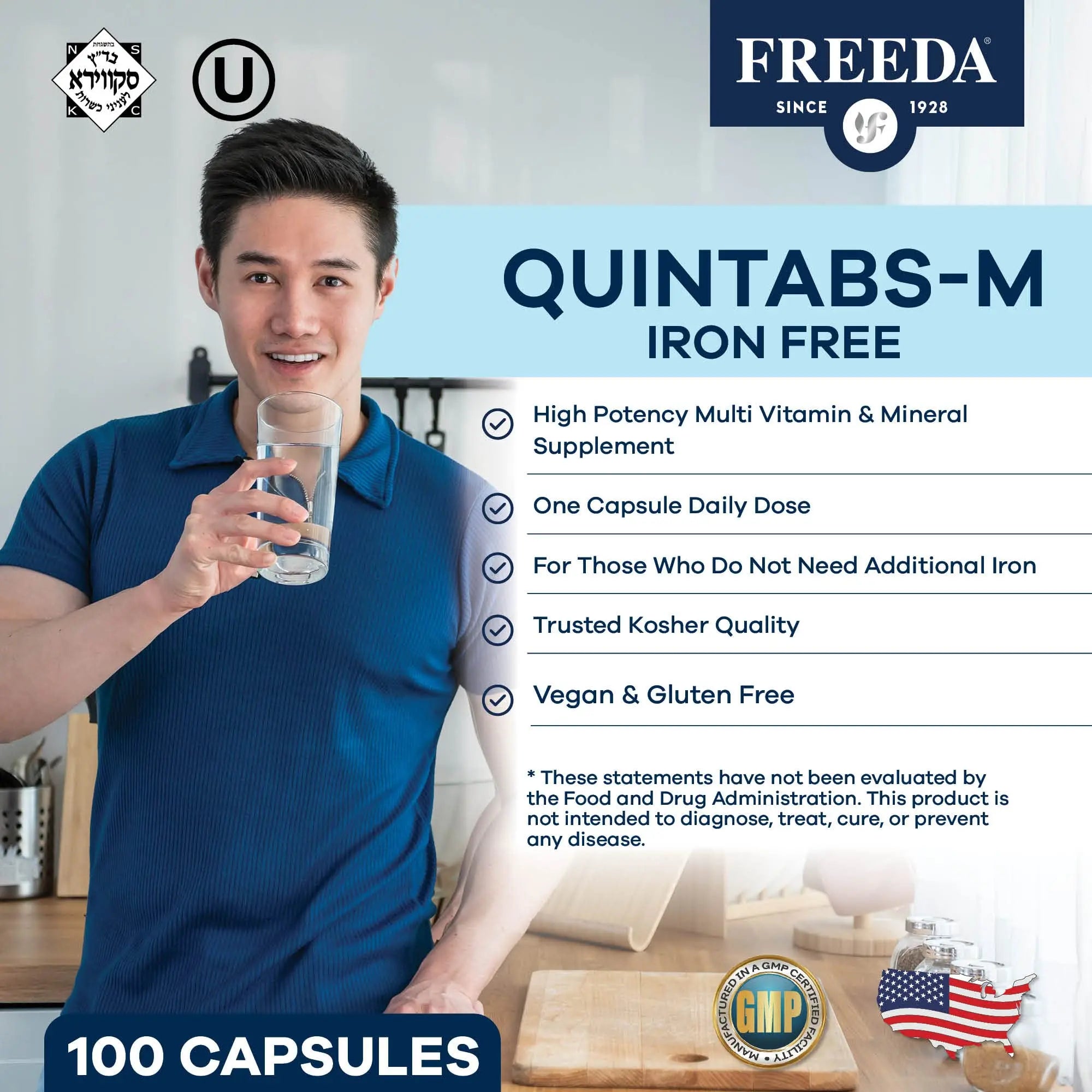 FREEDA One Daily Multivitamin Without Iron – Quintabs-M Iron-Free – Kosher, Balanced Multivitamin Supplements for Adults FREEDAAu supplements