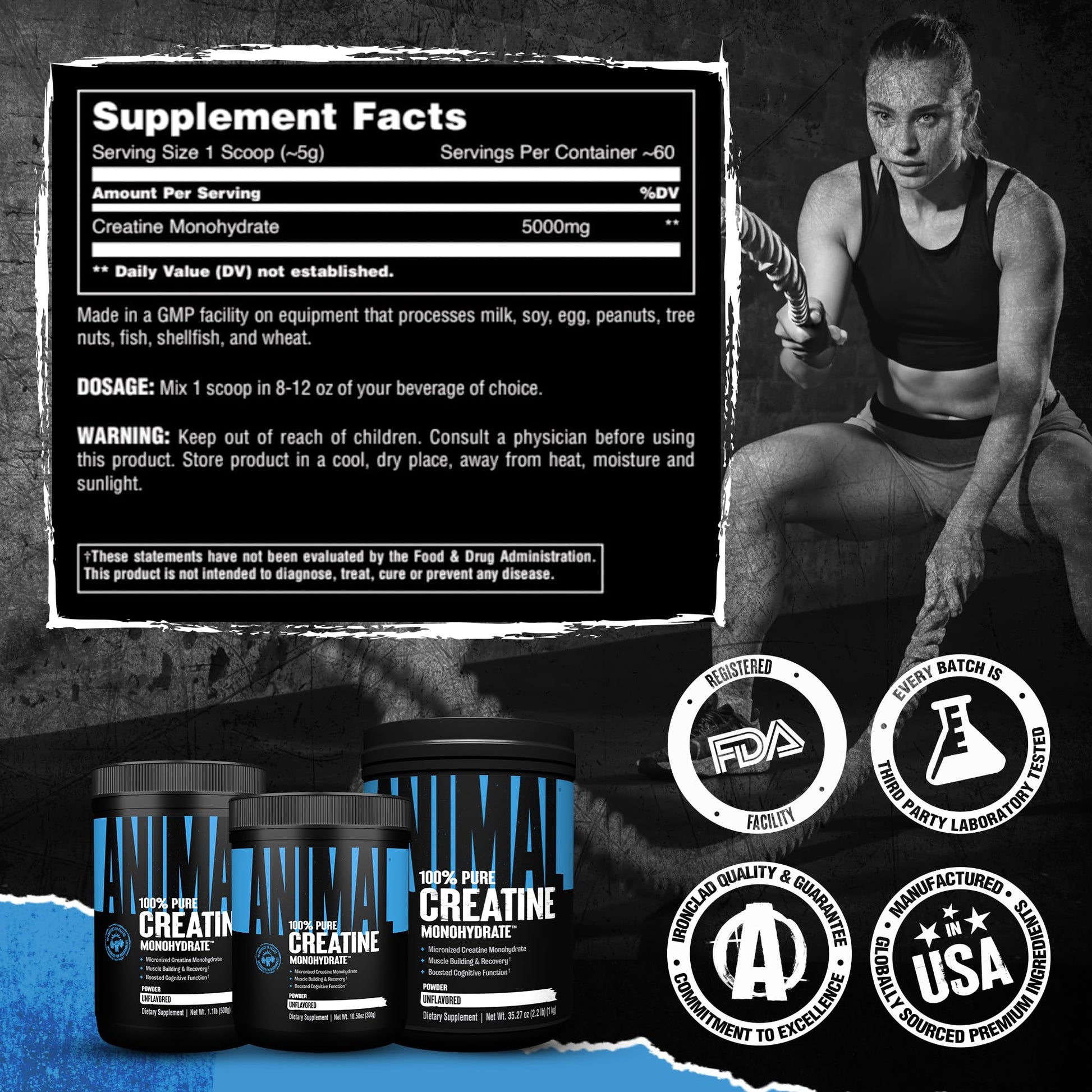 Animal Creatine Monohydrate Powder – Micronized Creatine for Women and Men, Supports Muscle Growth, Strength, Endurance, Recovery and ATP Production, Gym & Workout Supplements - Unflavored, 300g AnimalAu supplements
