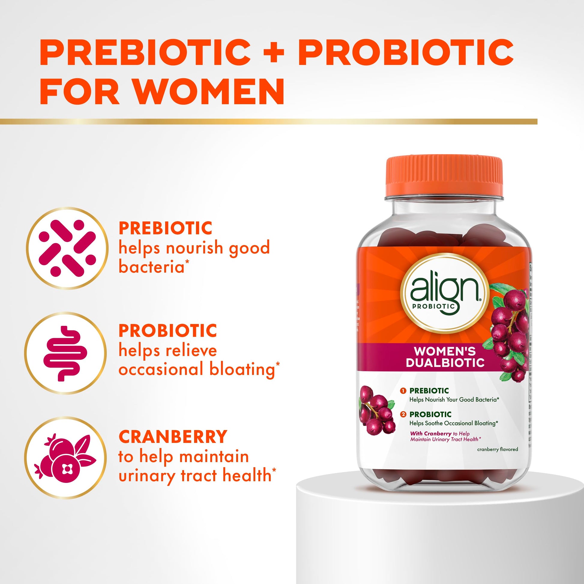 Align Probiotic, Women's Dualbiotic, Womens Probiotic Gummies, Prebiotics and Probiotics for Women, with Cranberry for Urinary Tract Health*, Cranberry Flavor, 90 Gummies AlignAu supplements