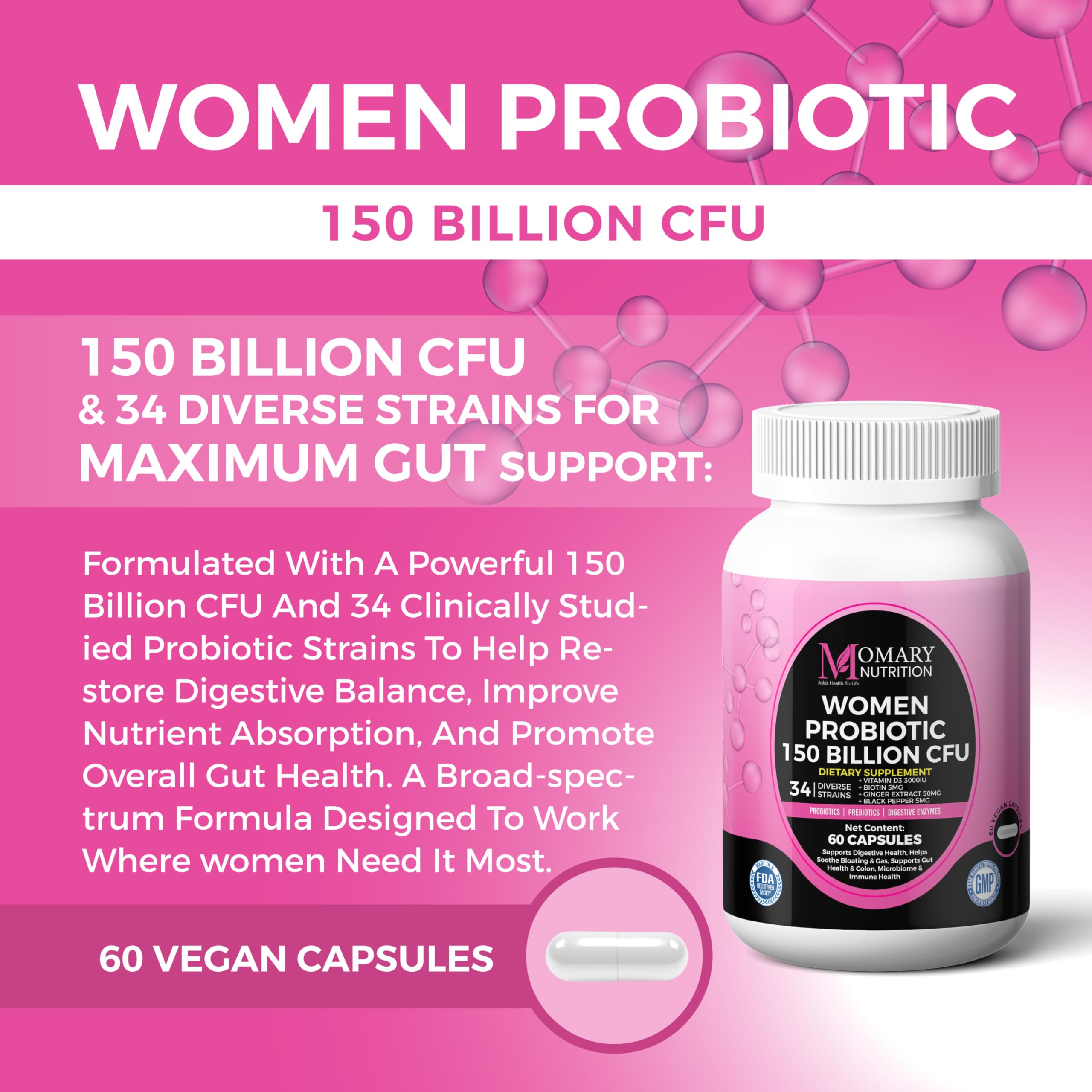 9-in-1 Bio Cultures Complex for Women – 150 Billion CFU Probiotics with 34 Diverse Strains, Organic Prebiotics, Postbiotics, Digestive Enzymes & Biotin – Supports Digestive Balance & Gut Microbiome MOMARY NUTRITIONAu supplements