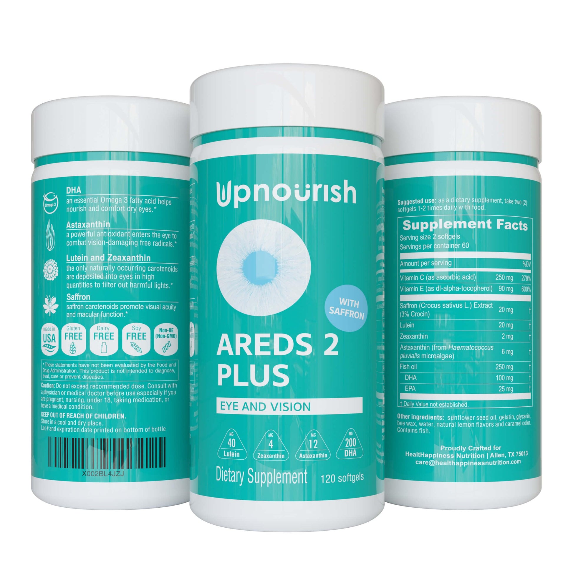 UpNourish AREDS 2 Plus Eye Vitamin Supplement, AREDS 2 Zinc Free Formula with Lutein, Zeaxanthin, Saffron, Astaxanthin & DHA - 120 softgels UpNourishAu supplements