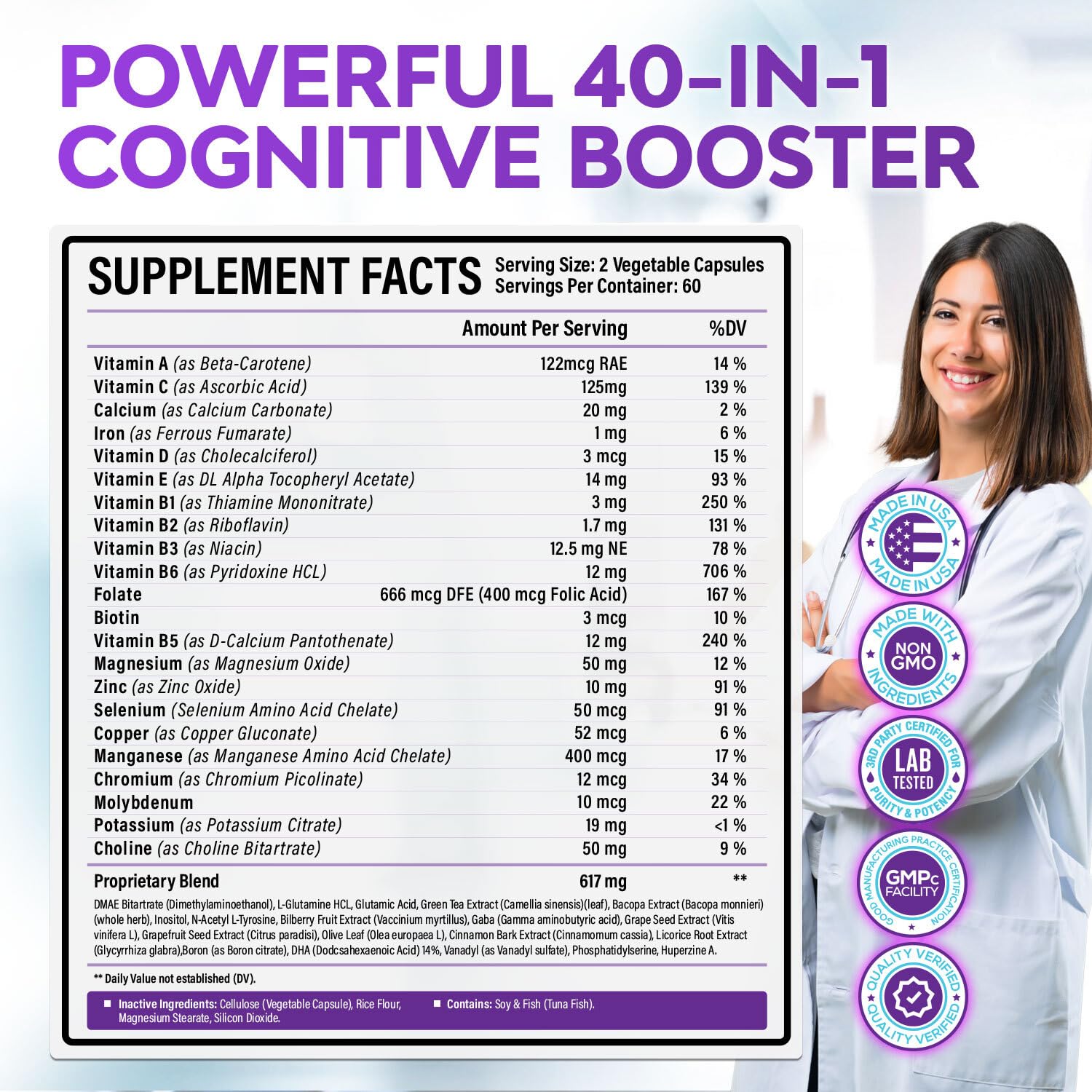 40-in-1 Brain Booster Supplements for Memory, Focus, Clarity, Energy, Performance | Natural Nootropic Brain Support Supplement with DMAE, Bacopa Monnieri & More | For Men & Women | 120 V Capsules Rainbow Nutrients, LLCAu supplements