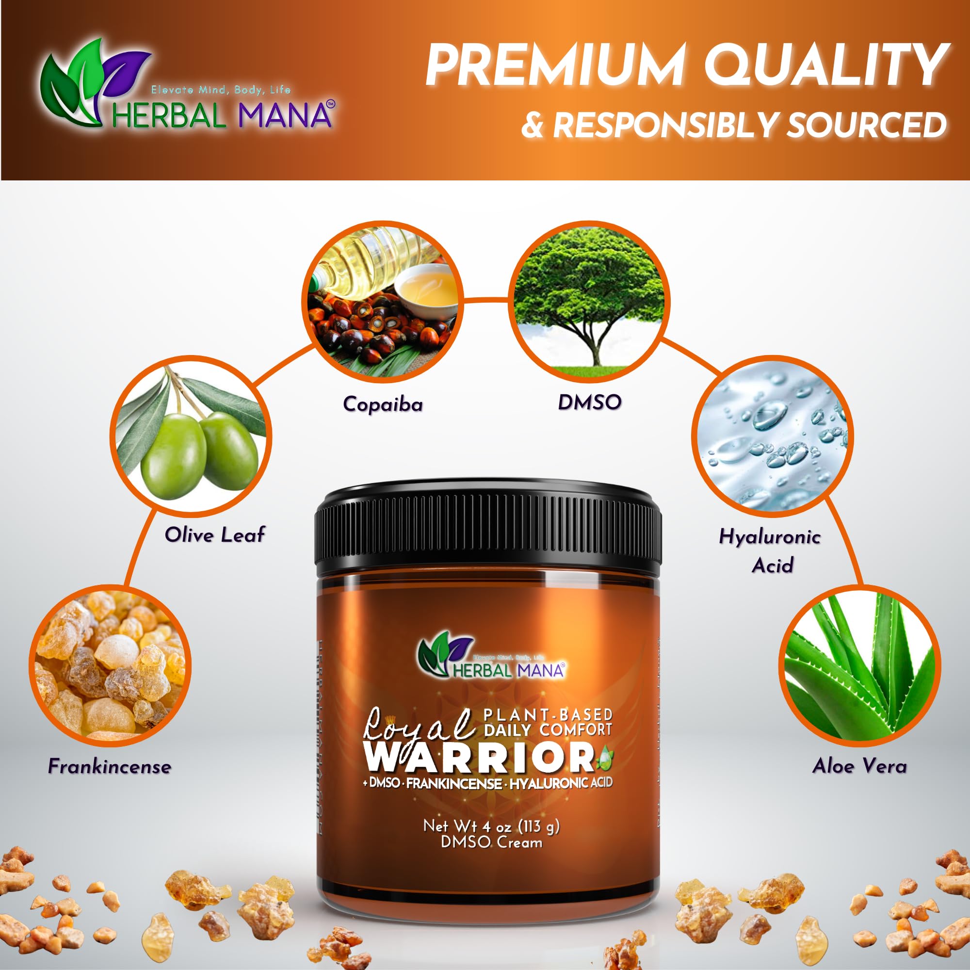 Herbal Mana Frankincense DMSO Body Cream with Magnesium & Hyaluronic Acid | Royal Warrior Herbal ManaAu supplements