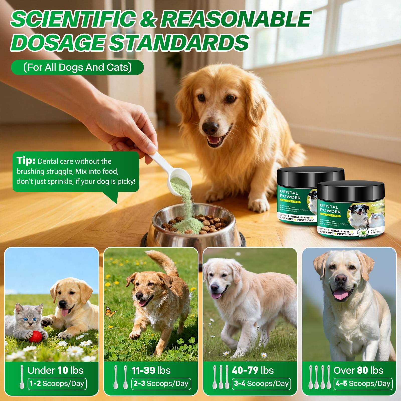 Dog Dental Powder for Teeth Cleaning Plaque & Bad Breath Off, Dental Powder for Dogs Teeth with Natural Herbal Blend & Postbiotics, Dog Teeth Cleaning Powder with Enzymes for Dogs & Cats (3.5oz) AUROSAu supplements