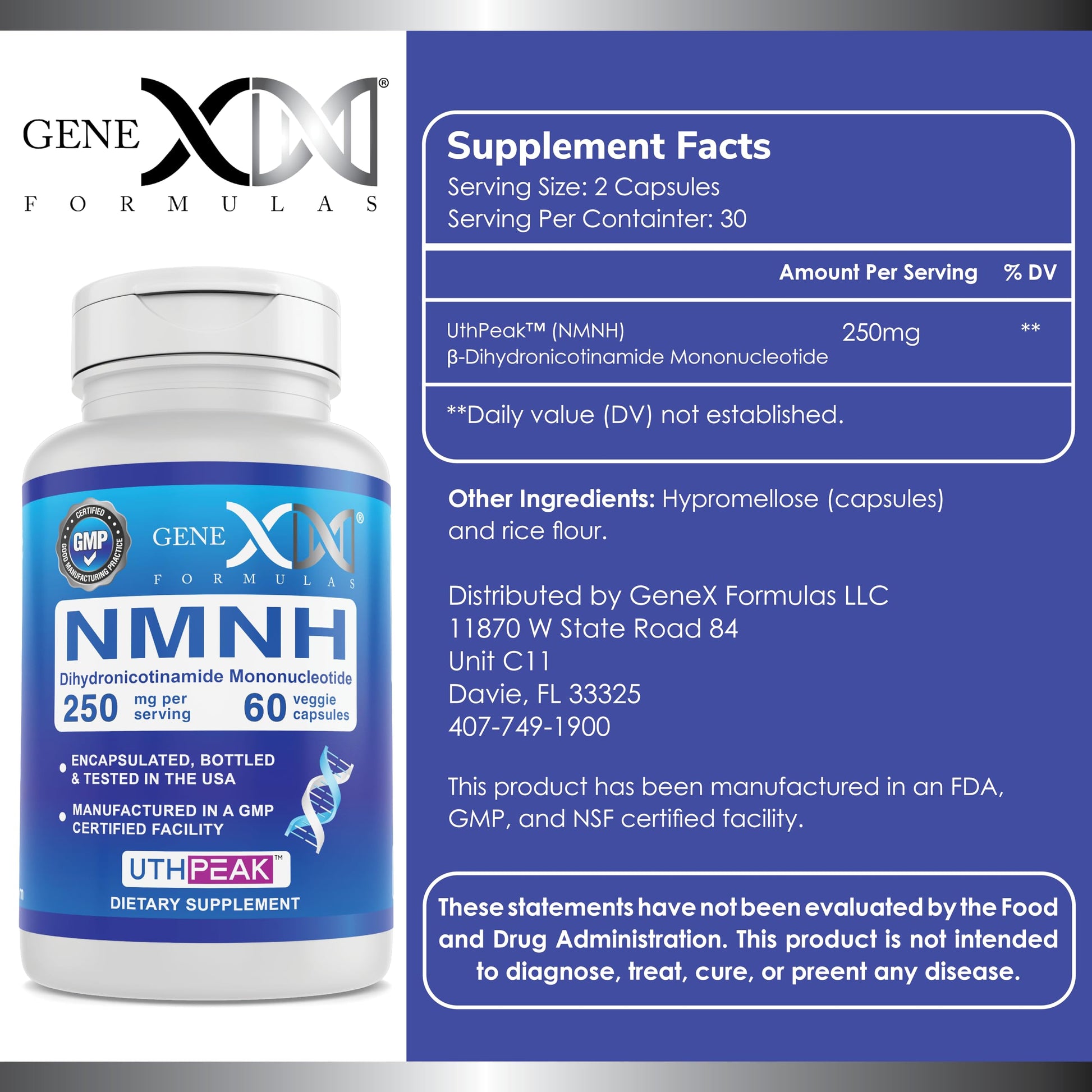 Genex Formulas 250mg NMNH (60 Capsules - 30 Servings) | Uthpeak™ NMNH (Dihydronicotinamide Mononucleotide) NAD+ Precursor for Healthy Aging - Non-GMO, Gluten-Free, Vegetarian Genex FormulasAu supplements