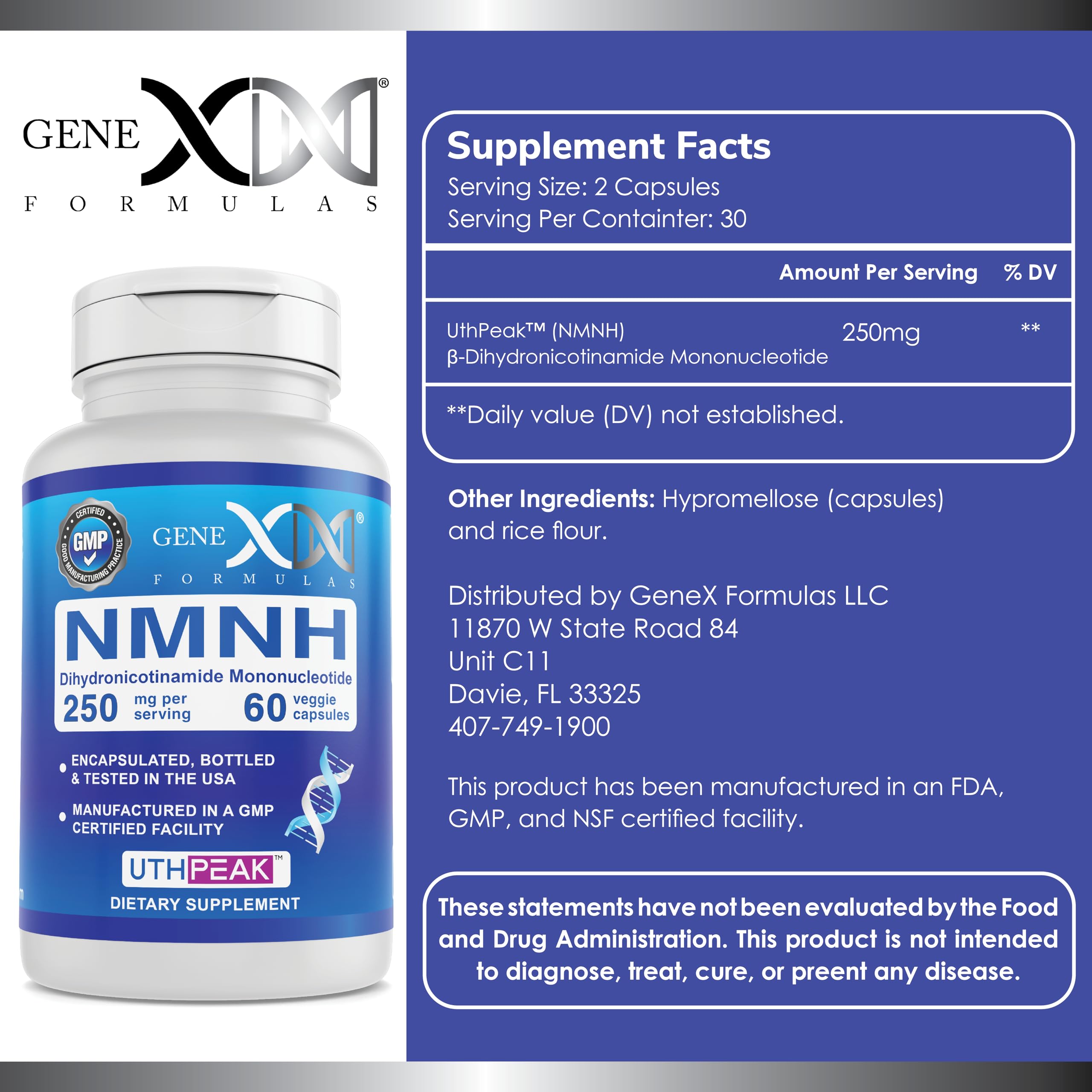 Genex Formulas 250mg NMNH (60 Capsules - 30 Servings) | Uthpeak™ NMNH (Dihydronicotinamide Mononucleotide) NAD+ Precursor for Healthy Aging - Non-GMO, Gluten-Free, Vegetarian Genex FormulasAu supplements