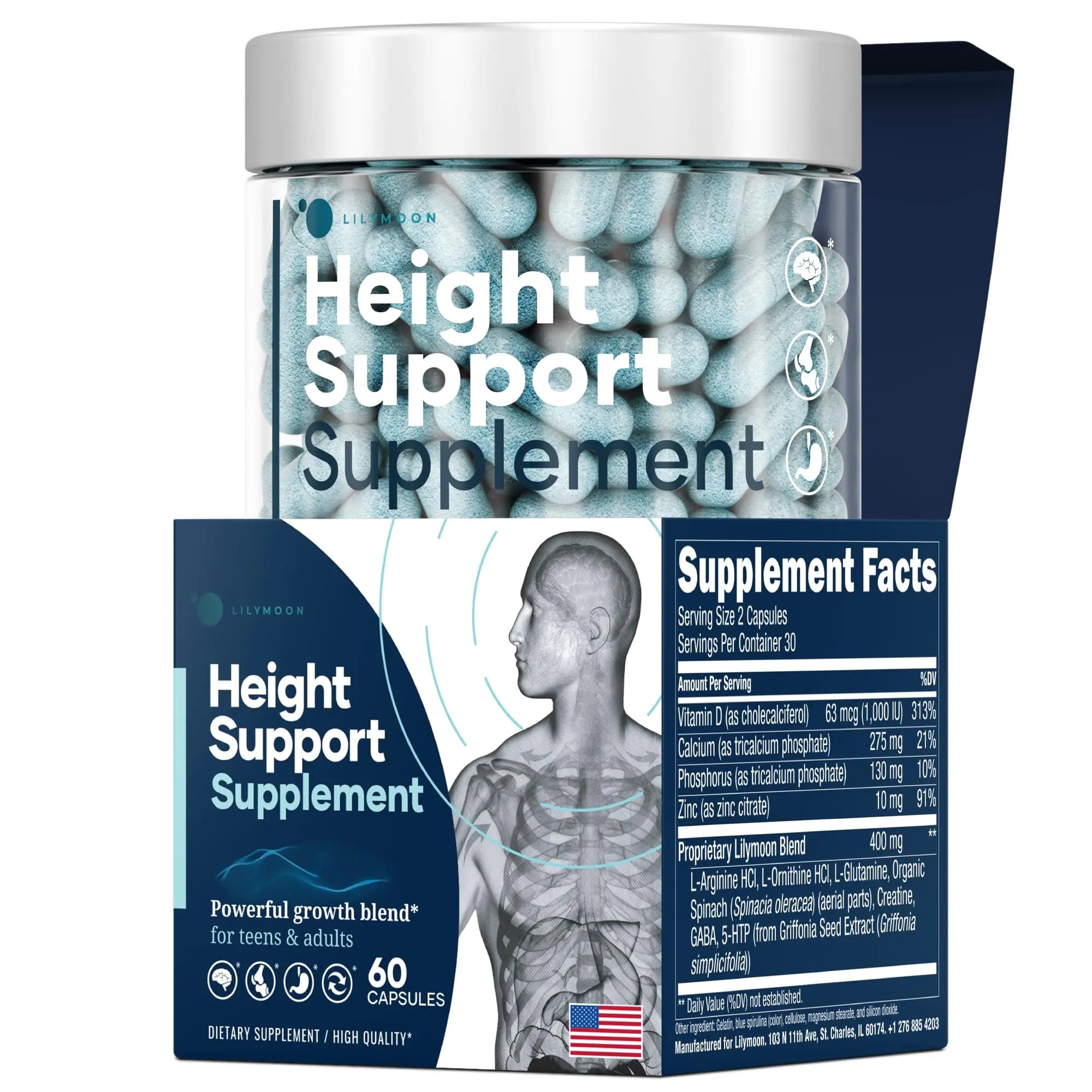 Height & Bone Support Supplement - Premium Height Growth Supplement for Kids & Teens with Calcium - Nutritional Support Bone Health Formula - Height Increase Essential Vitamins - 60 Caps LM LILYNUTRAMOONAu supplements