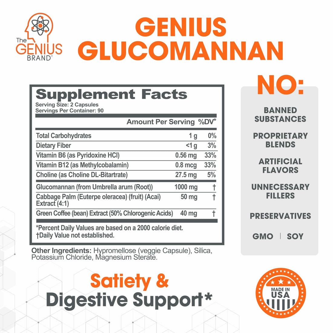 The Genius Brand Genius Glucomannan - Glucomannan Capsules for Digestive Health, Energy & Satiety Support - Natural Fiber for Stomach Comfort - Non-GMO & Vegan - 180 Veggie Capsules The Genius BrandUS supplements