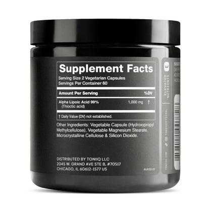 Toniiq 1000mg Ultra High Strength Alpha Lipoic Acid Capsules - Highly Purified 99%+ USP Standard - 120 Capsules ALA Supplement ToniiqUS supplements