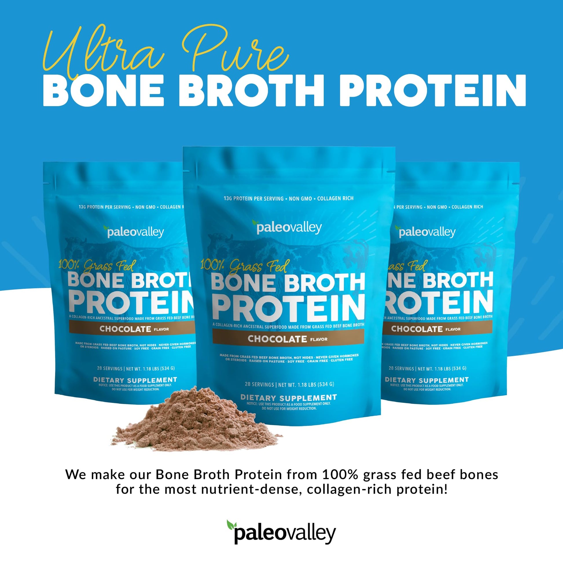 Paleovalley 100% Grass Fed Bone Broth Protein Powder - Chocolate - Rich in Collagen PaleovalleyUS supplements