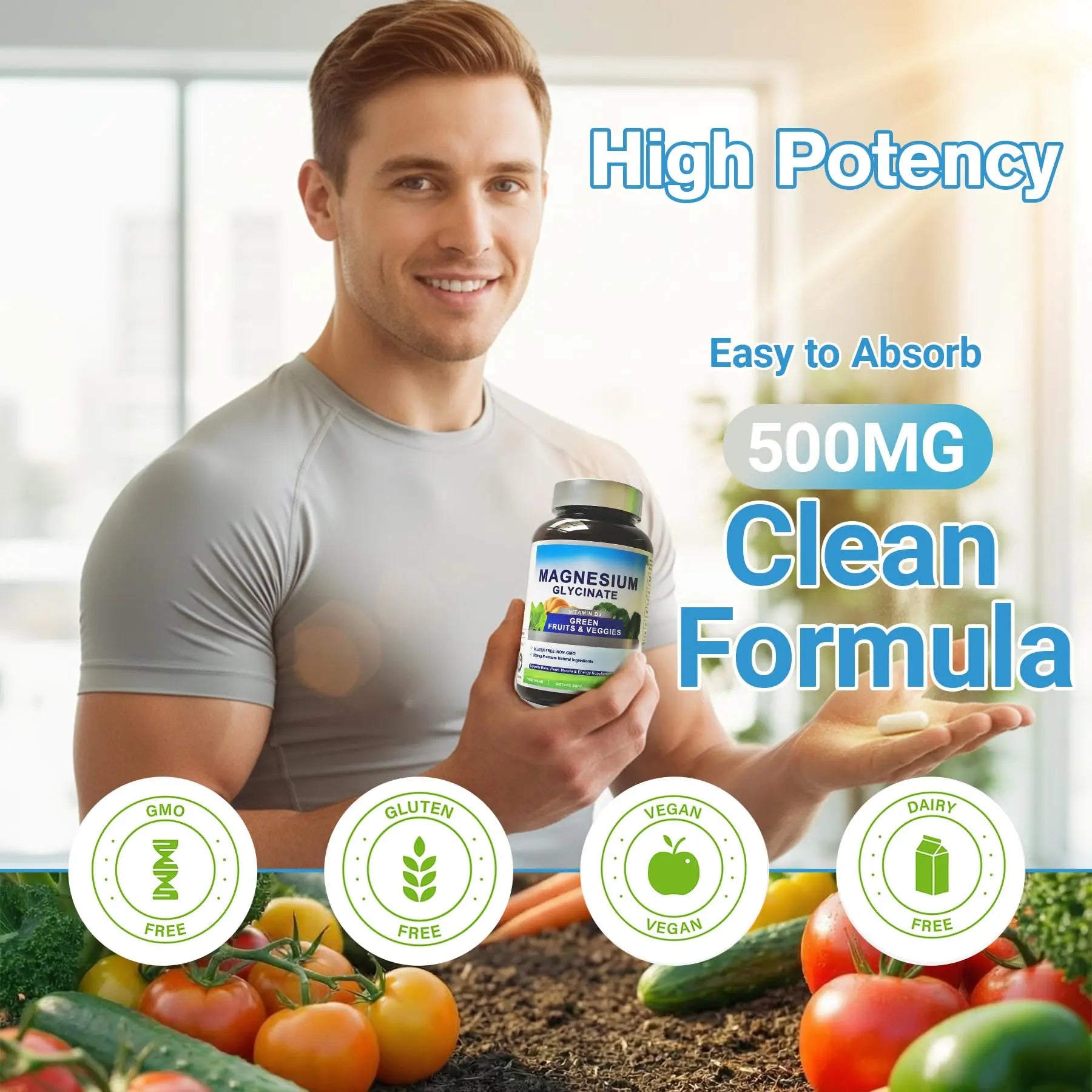 Magnesium Glycinate 500mg with Vitamin D3 – High Absorption Magnesium Supplement with Veggies Design – Supports Bone & Muscle Function and Energy – Non-GMO, Gluten-Free – 120 Veg Capsules FrexNutrinz supplements