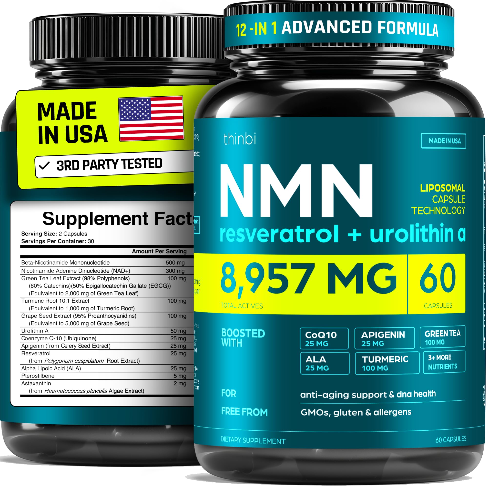 NMN Supplement 8957mg with Real NAD+ Not Just a Booster | Urolithin A, Resveratrol, CoQ10, Alpha Lipoic Acid, Green Tea Extract | Cellular Longevity & Energy Support for Men & Women ThinbiAu supplements
