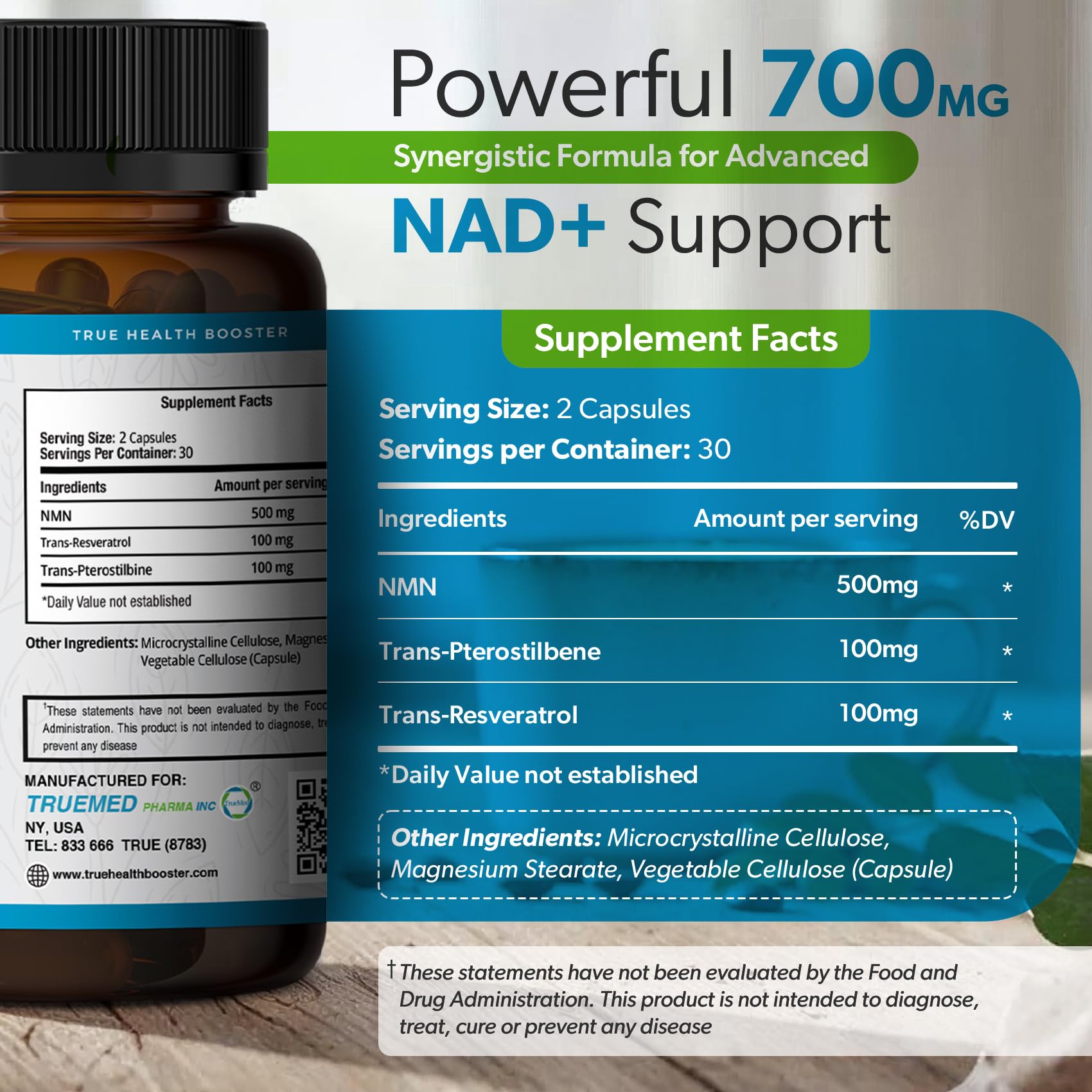 TRUEMED NMN Synergy+ 700mg – Premium NMN Supplement with Resveratrol & Pterostilbene | Advanced NAD+ Supplement for Cellular Energy, & Wellness Support | Non-GMO, Vegan, 60 Capsules TRUEMEDAu supplements