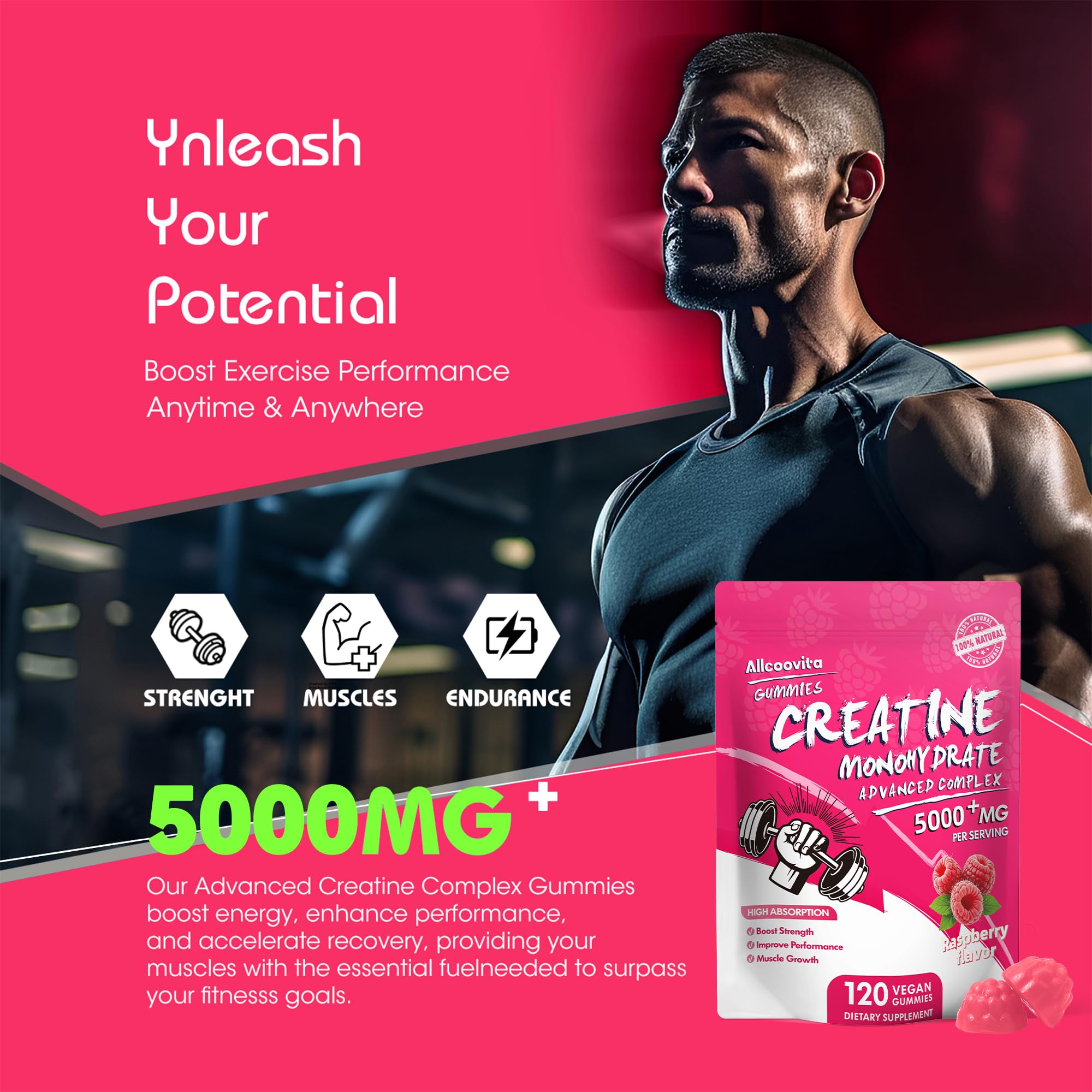 NSF Certified Creatine Gummy - Creatine Monohydrate Gummies 5000mg for Men & Women -120 Gummies Advanced Formula, Muscle Strength, Muscle Builder, Energy Boost, Pre-Workout Supplement-Raspberry AllcoovitaAu supplements