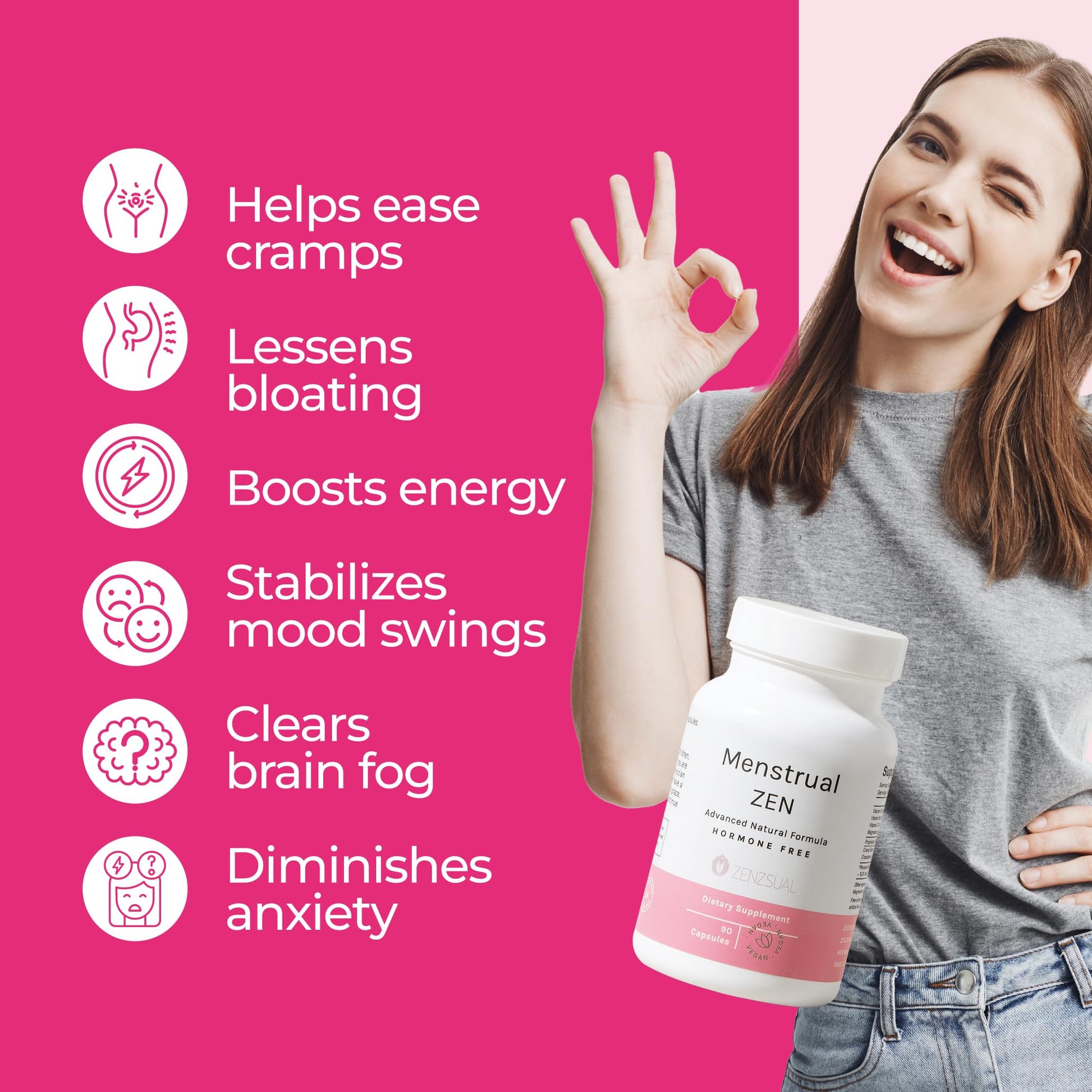 ZENZSUAL Menstrual Zen Natural and Hormone-Free Supplement – Support for Menstrual Cramps, Mood Swings and Period Pain – Diuretic Effect (90 Capsules / 2.7 Oz) ZENZSUALAu supplements