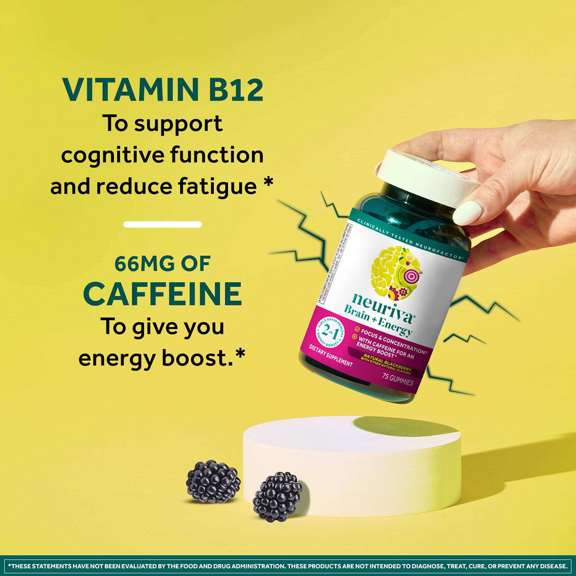 NEURIVA Brain + Energy Gummies, Nootropic Brain Supplements for Focus and Concentration with Neurofactor, Vitamin B12 & Caffeine for an Energy Boost*, 75ct Natural BlackBerry NEURIVAAu supplements