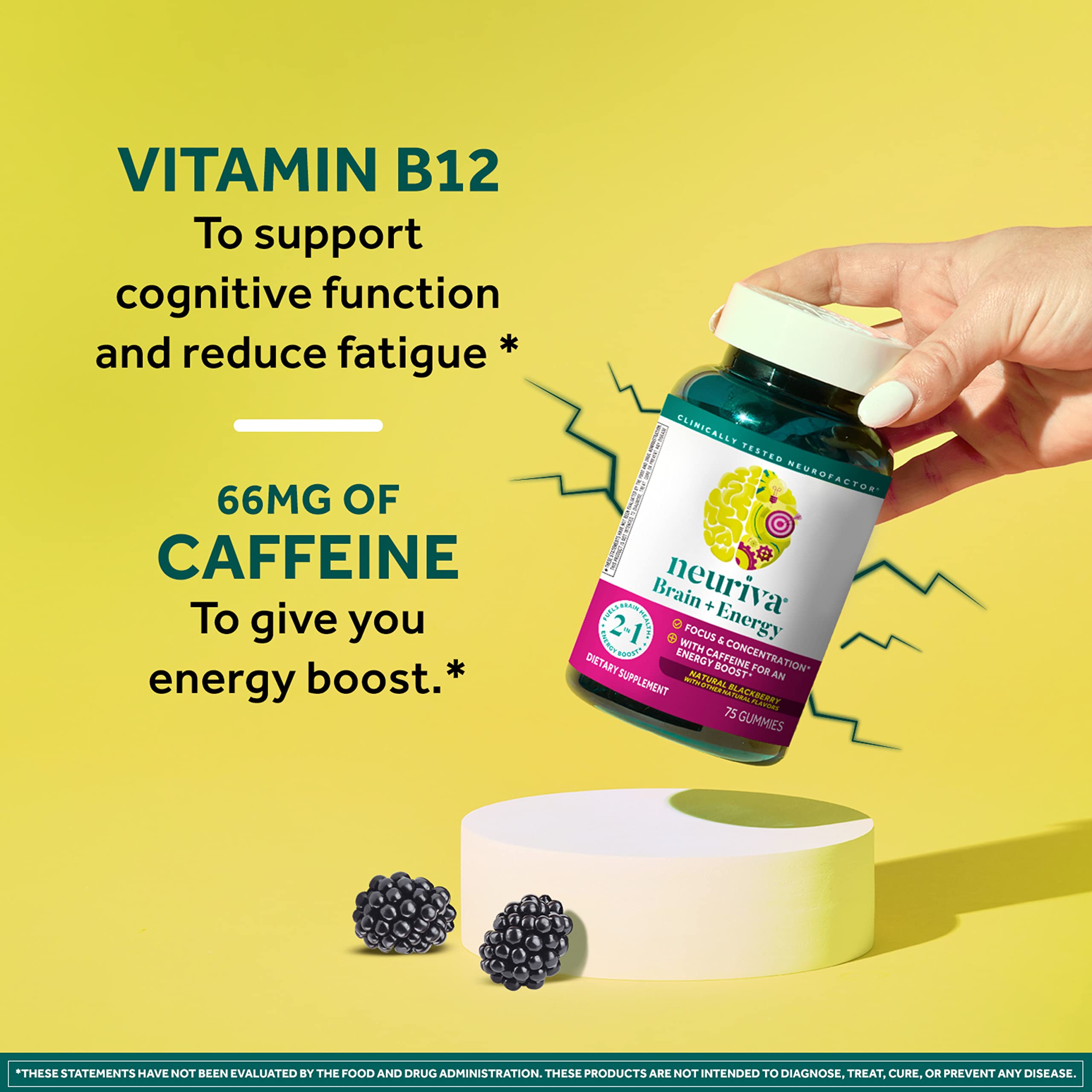 NEURIVA Brain + Energy Gummies, Nootropic Brain Supplements for Focus and Concentration with Neurofactor, Vitamin B12 & Caffeine for an Energy Boost*, 75ct Natural BlackBerry NEURIVAAu supplements