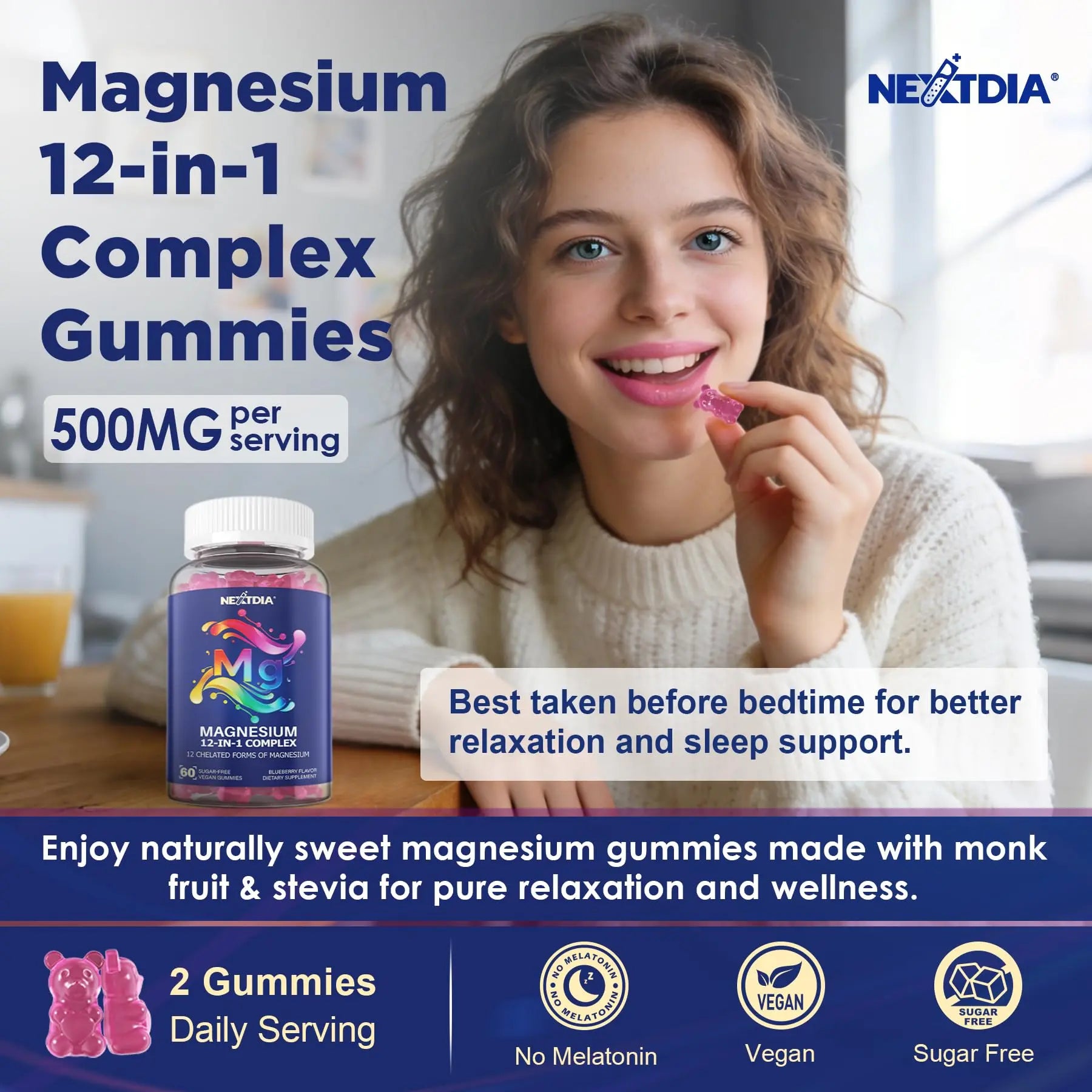 Full Spectrum Magnesium Glycinate Complex 21 in 1 Gummies for Deep Calm Sleep, 12 Forms Magnesium Citrate Malate Taurate Orotate for Women Men + Probiotics w/Ashwagandha, L-Theanine, GABA, 120Cts Nextdianz supplements