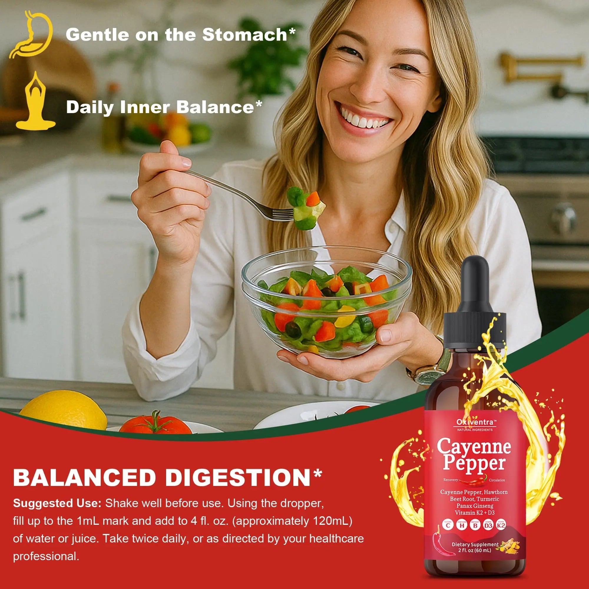Cayenne Pepper Drops Liquid Supplement Smooth & Sweet Herbal Liquid + Hawthorn Berry, Vitamin D3 K2 Beet Root Powder, Ceylon Cinnamon, Turmeric Curcumin, Organic Panax Ginseng - 2fl oz Oxiventranz supplements