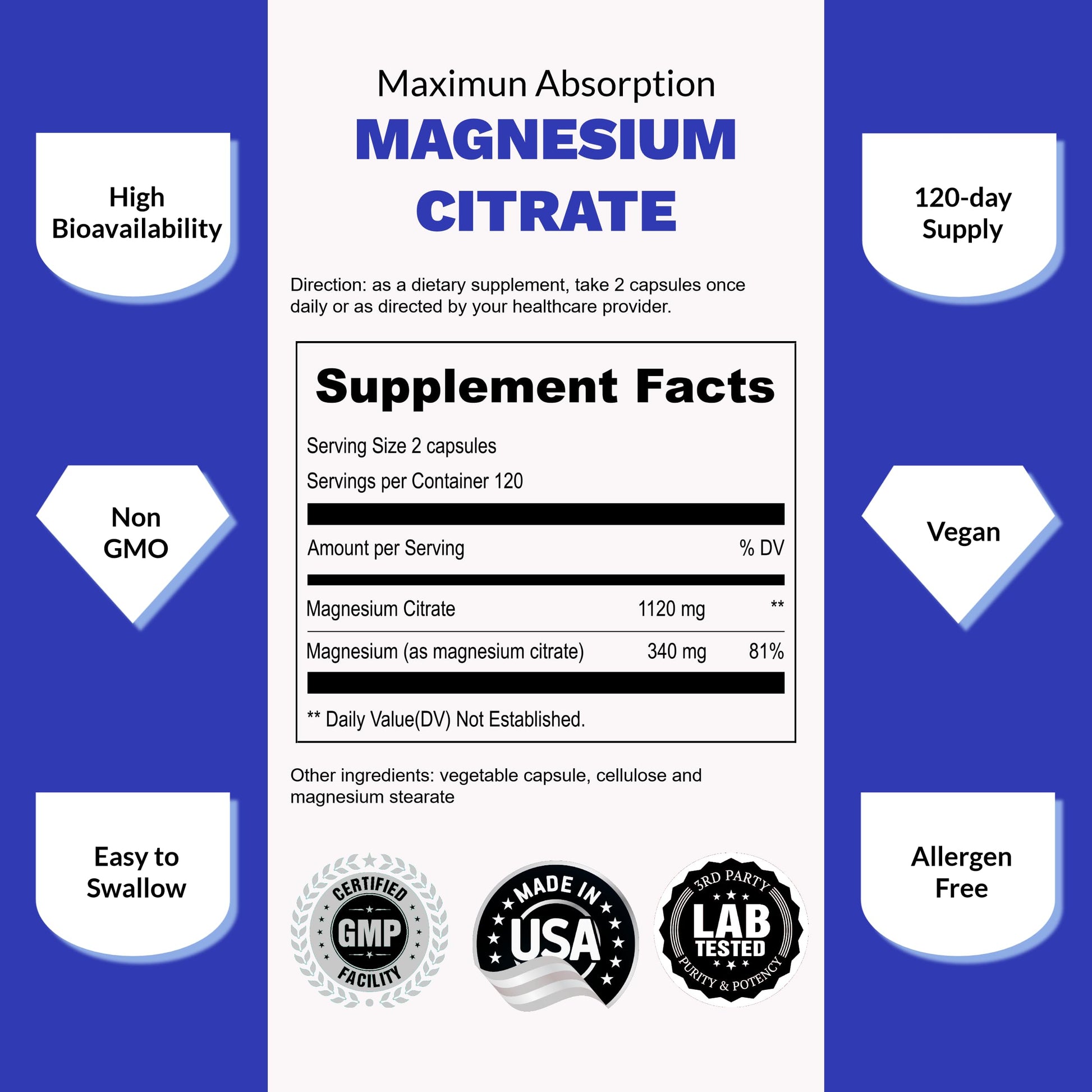 UpNourish Pure Magnesium Citrate (Citrato de Magnesio) 1120mg, 240 Capsules UpNourishAu supplements