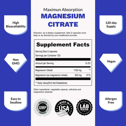 UpNourish Pure Magnesium Citrate (Citrato de Magnesio) 1120mg, 240 Capsules UpNourishUS supplements