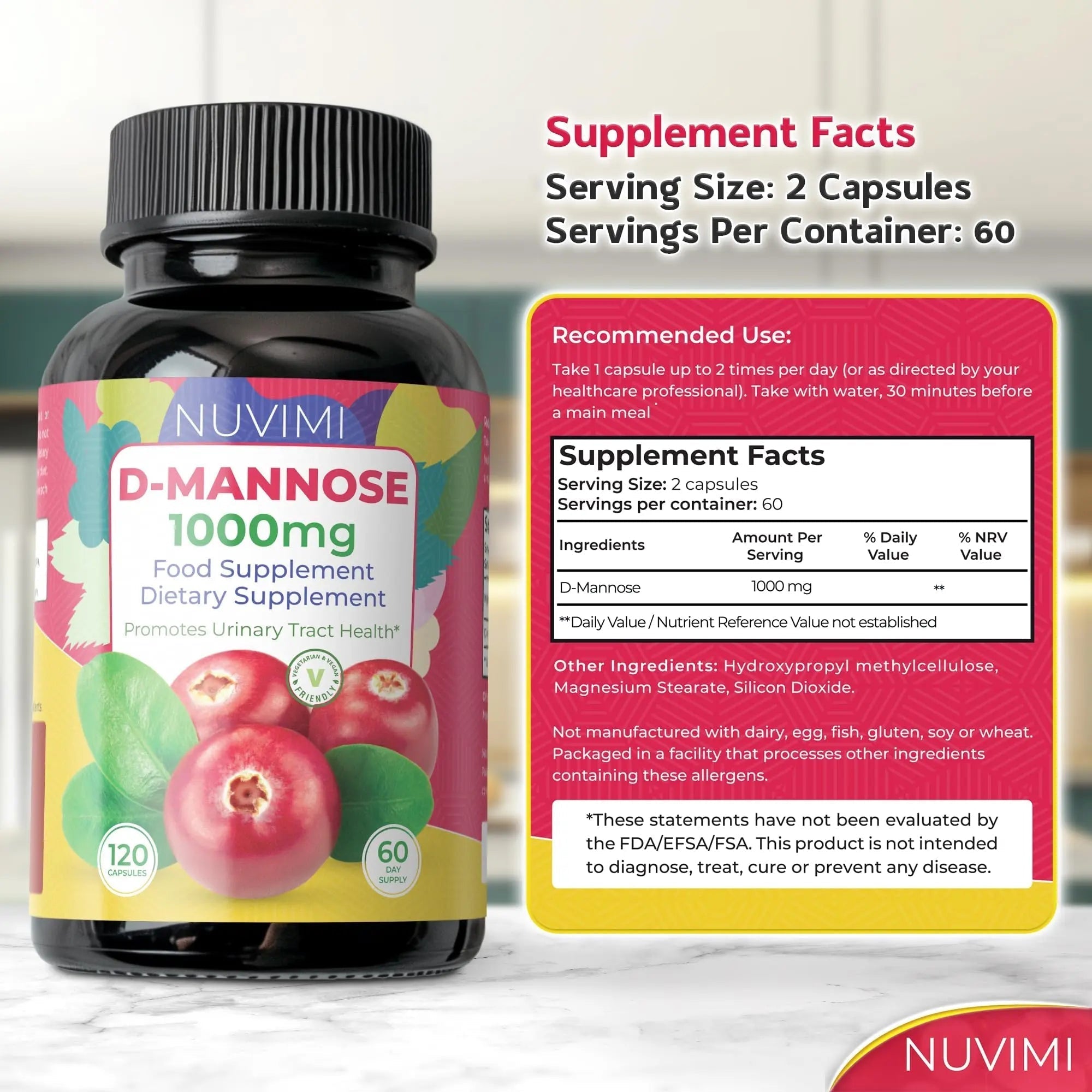 NUVIMI D Mannose 120 Capsules - 1000 mg per Dose - Dietary Supplement Helps Promote Urinary Tract Health - Natural Vegan UTI Defense NUVIMIAu supplements