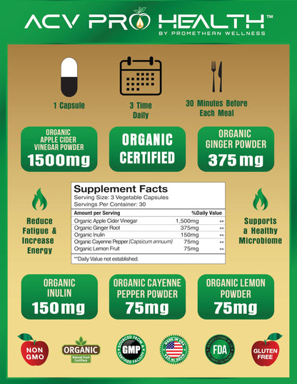 Certified Organic Apple Cider Vinegar Capsules Pro with Mother Acv Pills Detox Promethean WellnessUS supplements