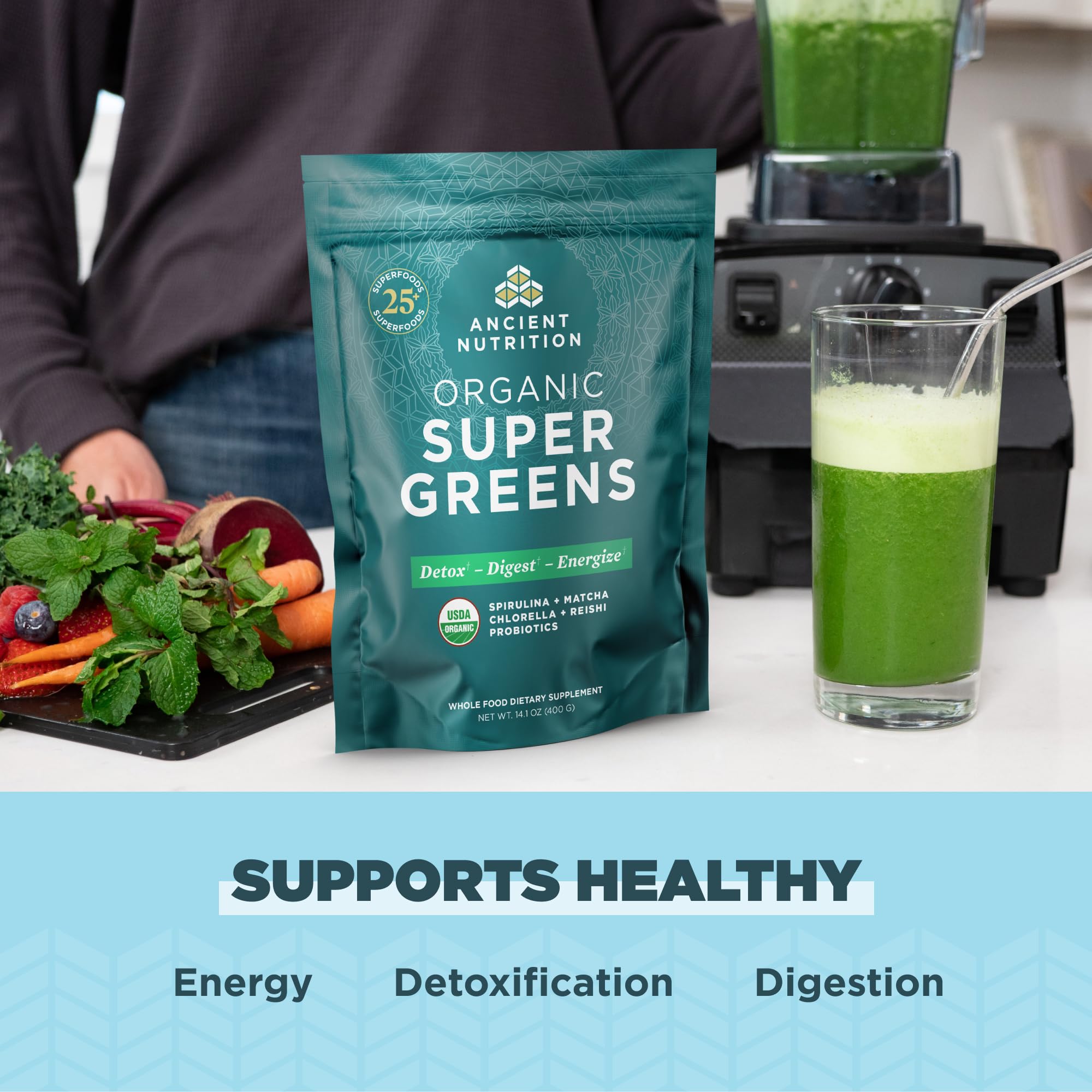 Ancient Nutrition Super Greens Powder, Organic Superfood Powder with Probiotics Made with Spirulina, Chlorella, Matcha, and Digestive Enzymes, 50 Servings, 14.1 oz Ancient NutritionAu supplements