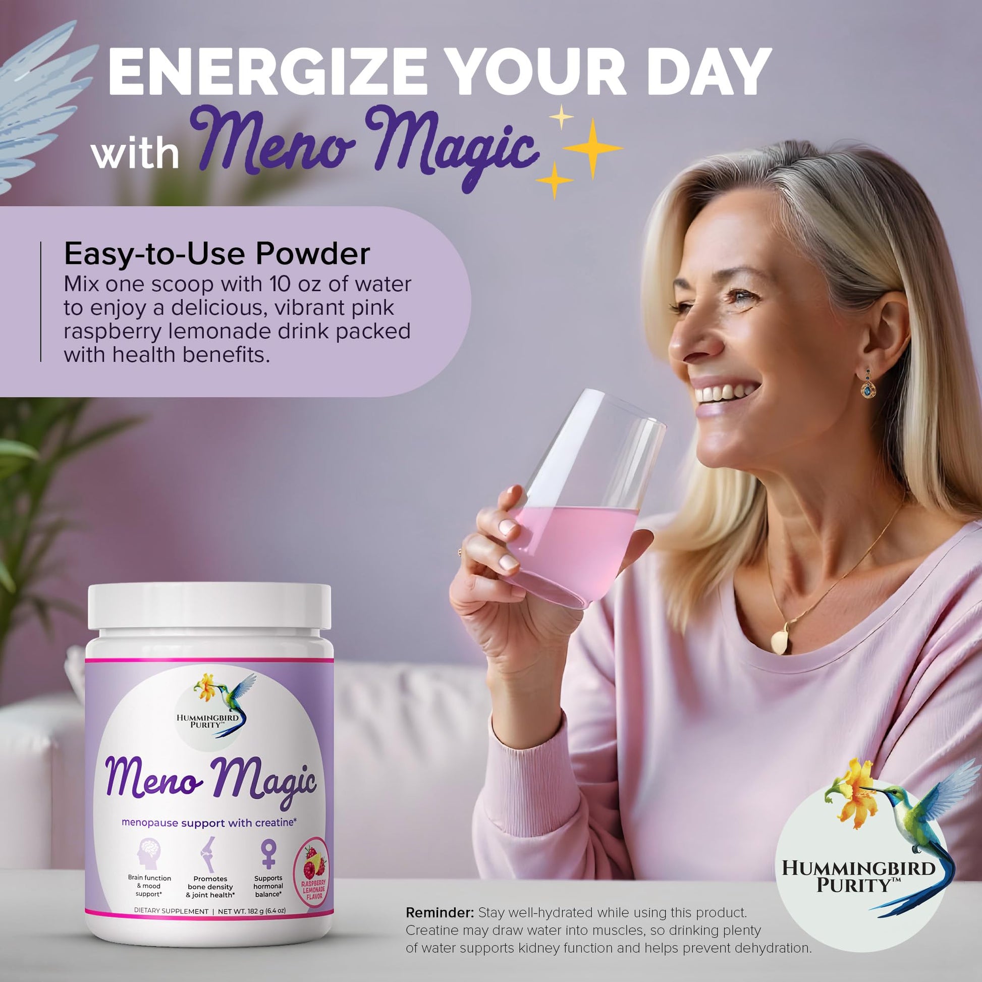 Meno Magic Menopause Support Drink – Raspberry Lemonade with Creatine, Herbs & Vitamins | 30 Servings Hummingbird PurityAu supplements