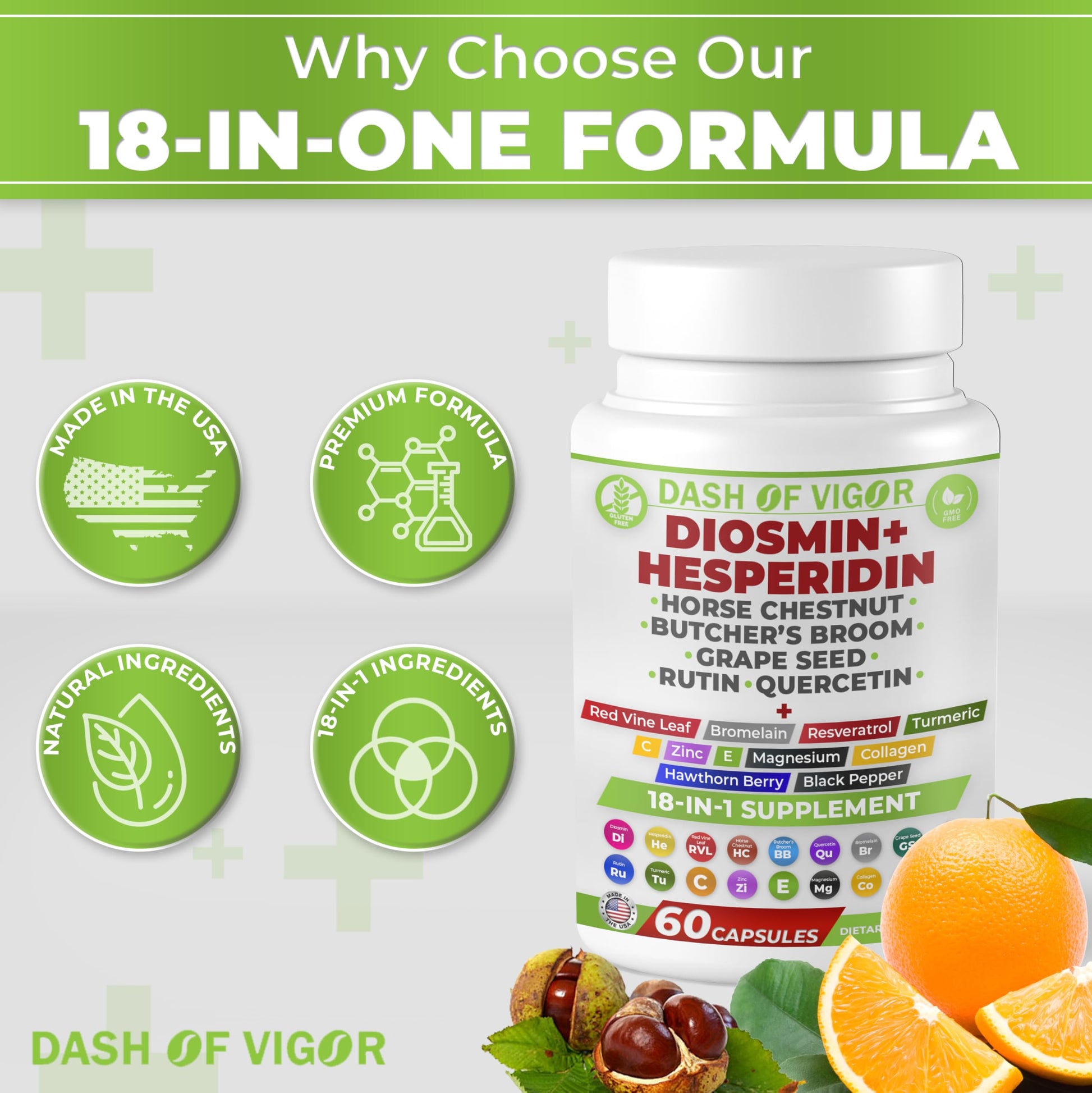 Dash of Vigor 18-in-1 Diosmin Hesperidin Supplement, Quercetin with Bromelain, Zinc, Vitamin C with Rutin Supplement, Horse Chestnut Extract, Butcher's Broom Extract, USA, 60 Capsules DASH OF VIGOR DOFVAu supplements