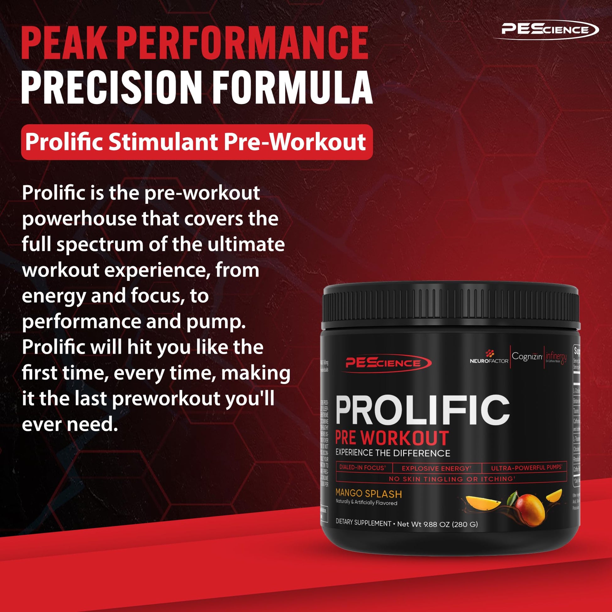 PEScience Prolific Pre Workout Powder for Men & Women with L-Citrulline Nitric Oxide Booster, Energy Powder & Nootropic for Focus – Preworkout Without Beta Alanine – 40 Scoops, Mango Splash PEScienceAu supplements