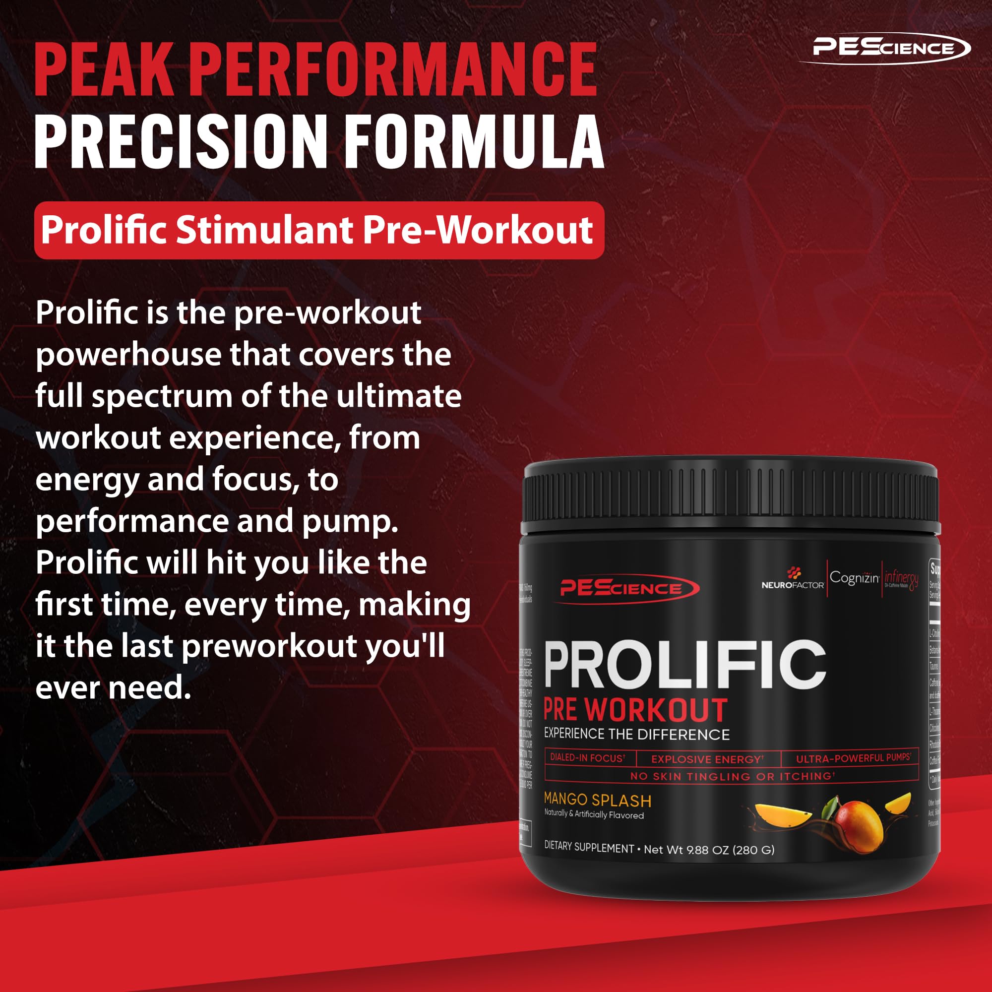 PEScience Prolific Pre Workout Powder for Men & Women with L-Citrulline Nitric Oxide Booster, Energy Powder & Nootropic for Focus – Preworkout Without Beta Alanine – 40 Scoops, Mango Splash PEScienceAu supplements