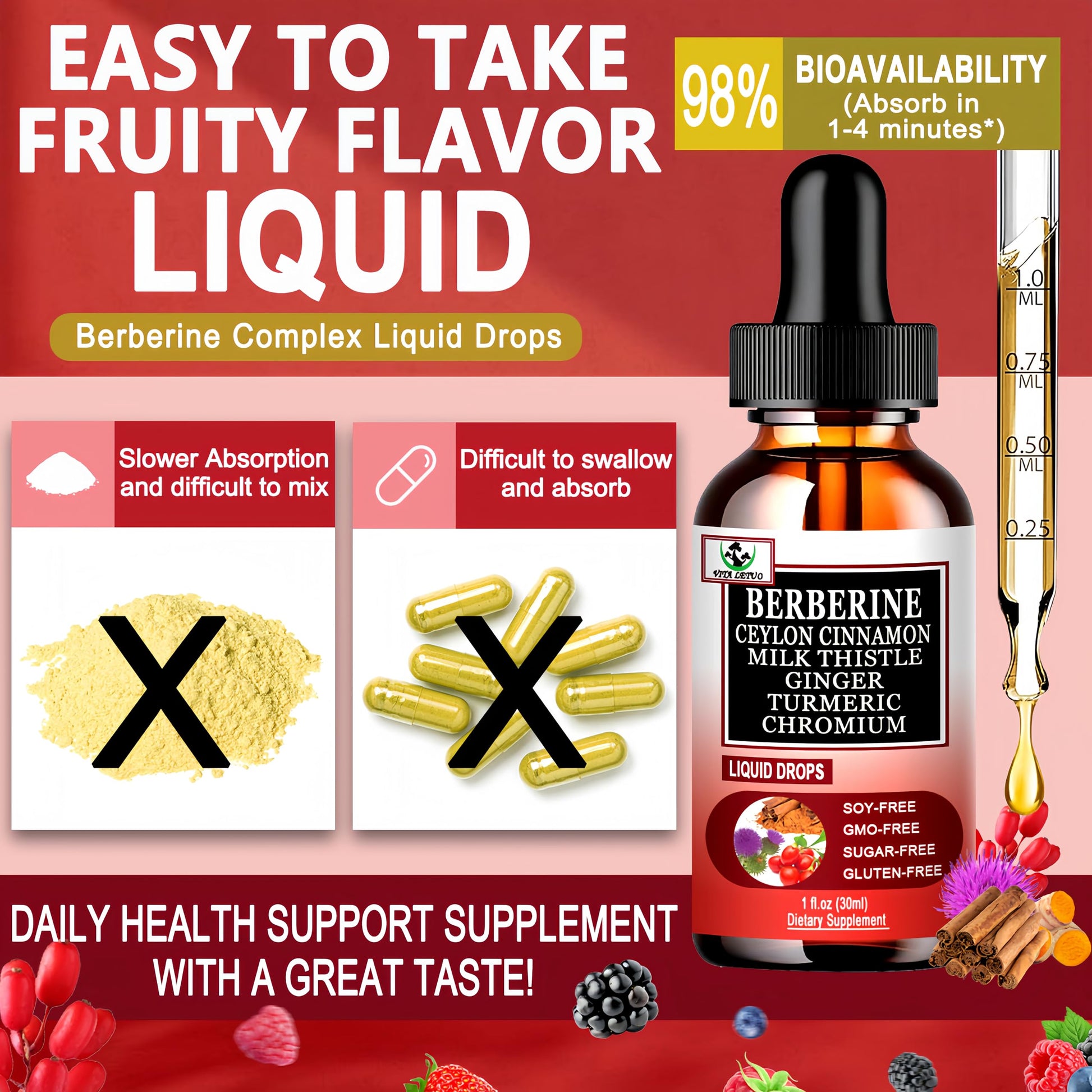 Berberine Drops, High Absorption 6-in-1 Liquid Berberine Supplement with Ceylon Cinnamon Milk Thistle Turmeric, Premium Berberine HCl for Immune Function Metabolic & Digestive Support, 30 Servings Vita letuoAu supplements