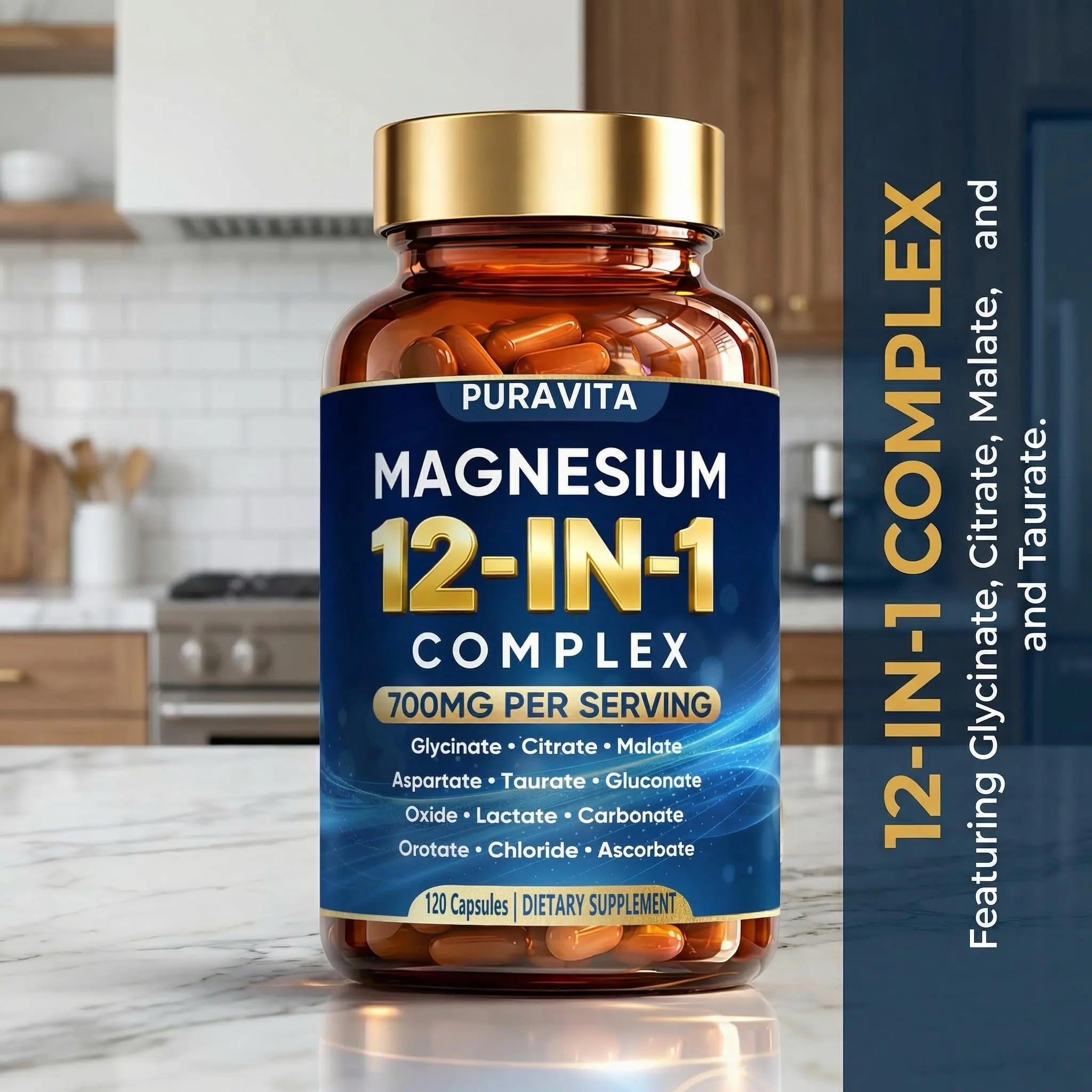 Puravita 12 in 1 Magnesium Complex Capsules - 700mg High Absorption Blend with Glycinate, Citrate, Malate, Oxide & Taurate. Supports Muscle Function, Nerve Health & Relaxation - 120 Capsules (1) PURAVITAnz supplements
