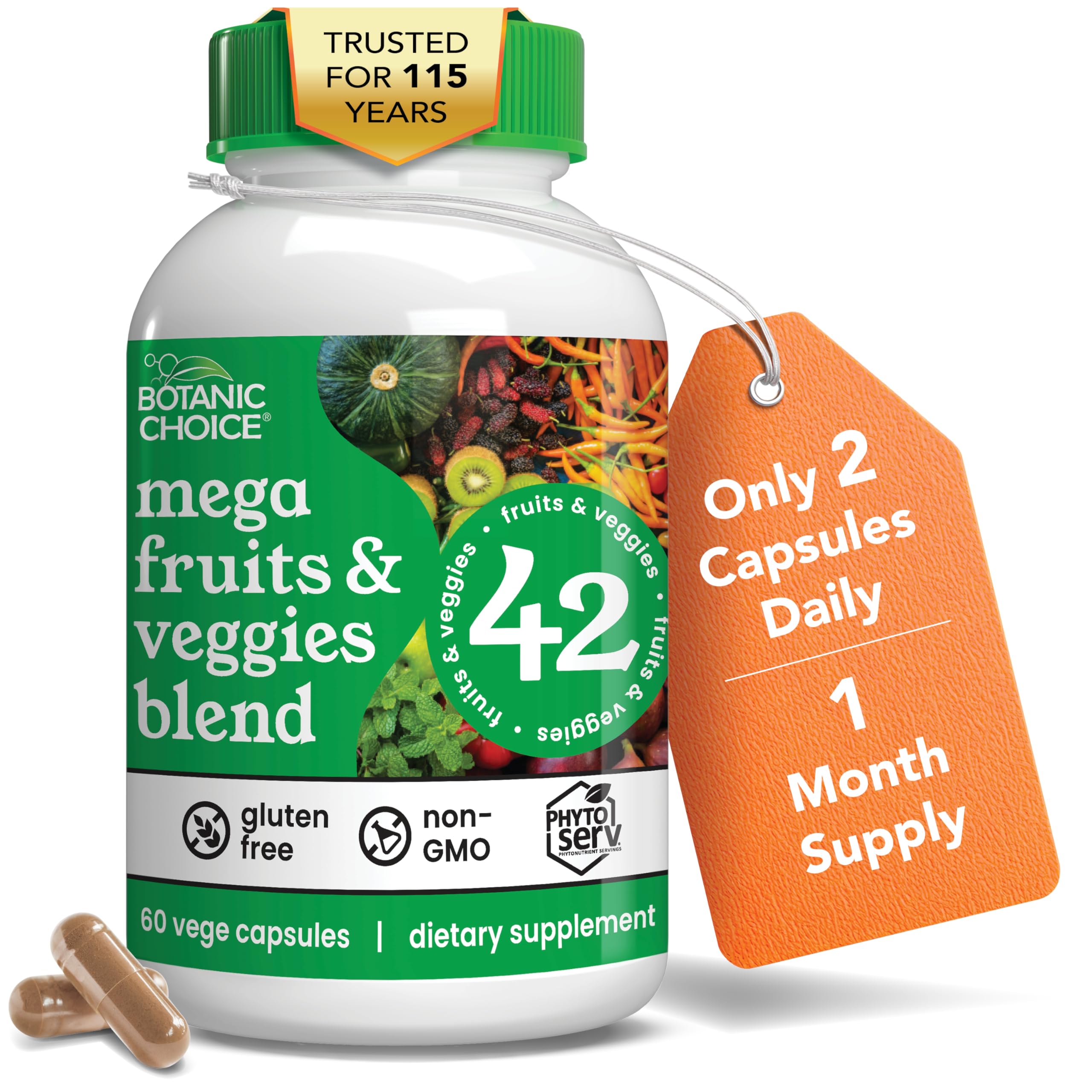 Botanic Choice Since 1910 - Mega Fruits & Veggies Blend - 42 Fruits and Vegetables - 2 Caps Daily - 60 Count Supplement Botanic ChoiceAu supplements