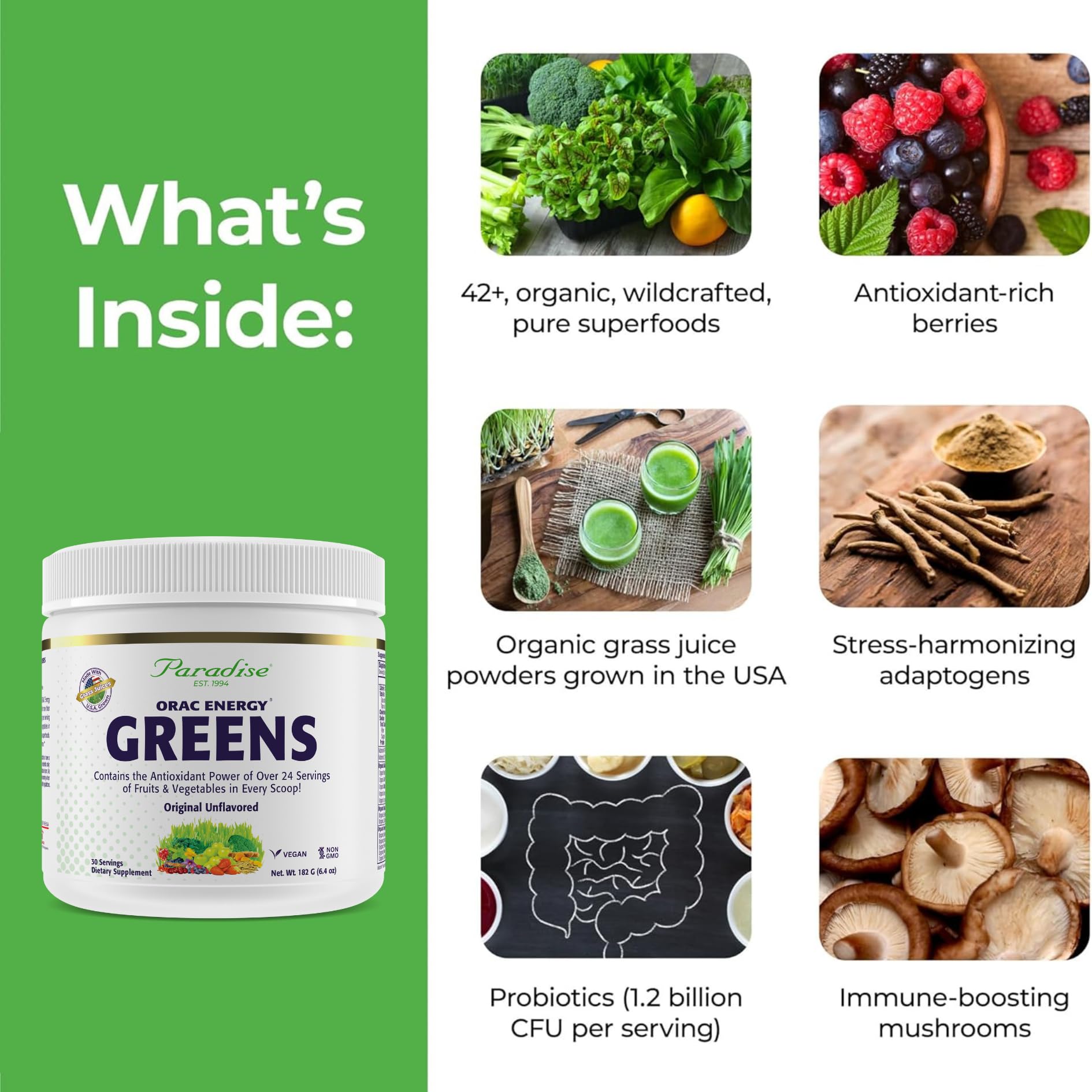 Paradise, ORAC Energy Greens Powder Extract, Super Antioxidants, Probiotics for Gut Health & Digestion, Vitamin C for Immunity, with Spirulina & Chlorella, Non-GMO, Gluten Free, 30 Servings Paradise HerbsAu supplements