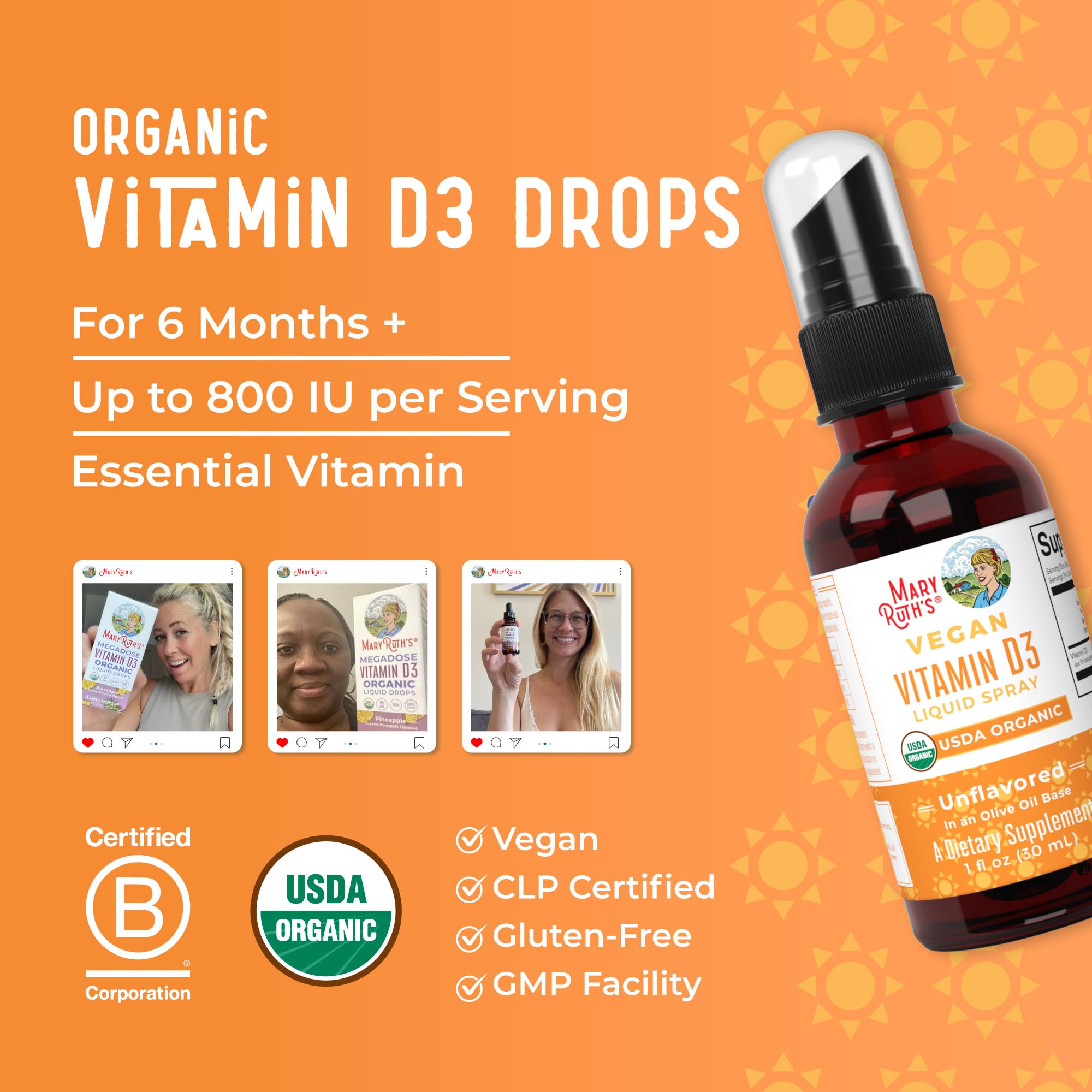 MaryRuth Organics Vitamin D USDA Organic | VIT D3 Liquid | Sugar Free | Liquid VIT D Spray Immune Support for Adults & Kids | Bone Health| Vegan | Gluten Free | Non-GMO | 30 Servings MARYRUTH'SUS supplements