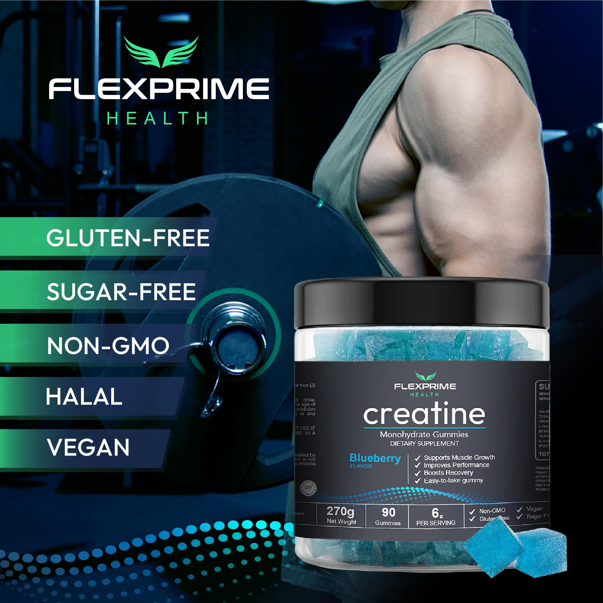 FlexPrime Creatine Gummies Sugar Free - 6g Creatine Monohydrate + L-Taurine, Alpha GPC, Betaine | Vegan Halal Blueberry Chews for Lean Muscle, Strength, Brain Health | Men Women 90 Count FlexPrimeAu supplements