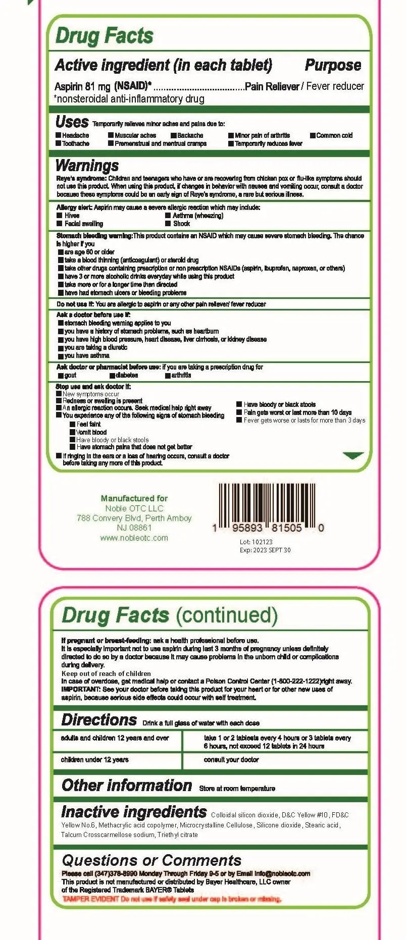 Pure Low Dose Baby Aspirin 81mg for Adults, 100 Count Enteric Coated Aspirin Tablets for Men and Women, Safe Relief for Symtoms Associated with Headache, Arthritis, Cramps NobleAidAu supplements