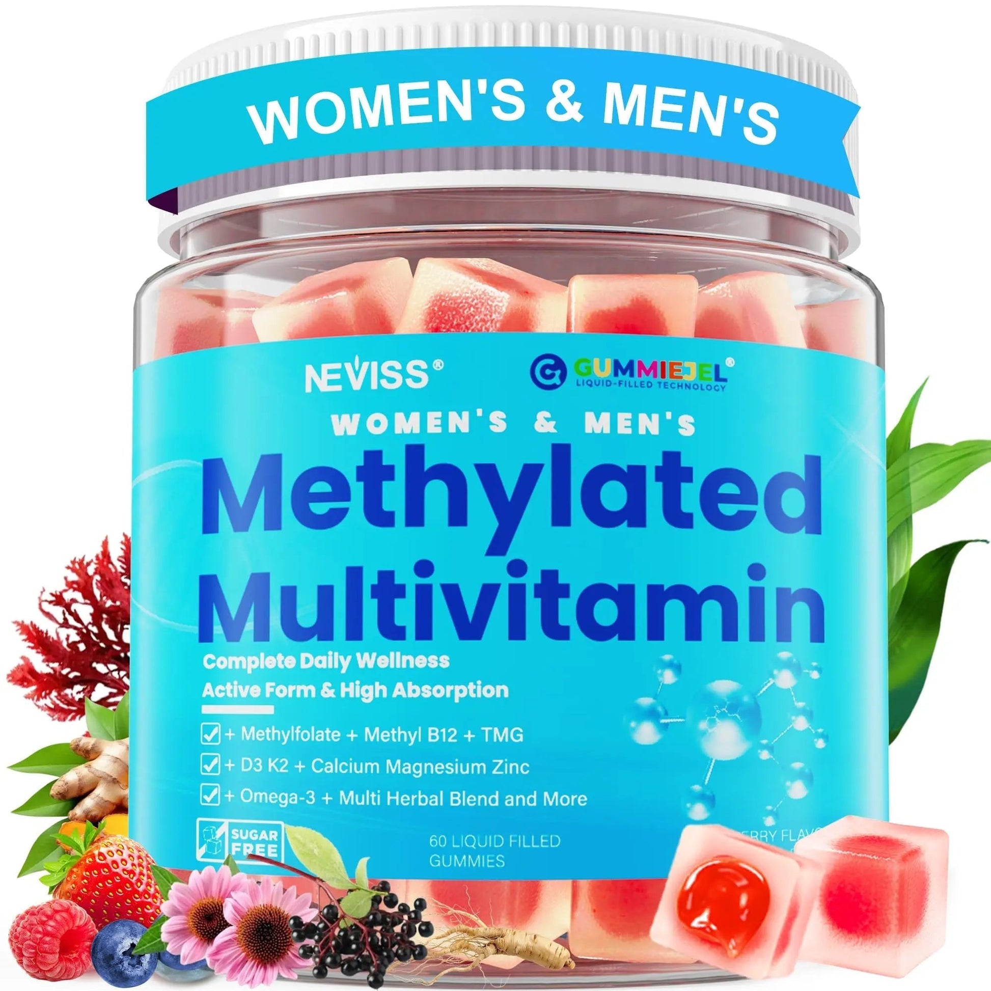 Methylated Multivitamin for Women & Men Gummies w/ Omega-3, Calcium, D3 K2, Methylfolate & B12, TMG, Daily Vitamin A, C, E, B Complex, Magnesium, CoQ10 NEVISSAu supplements