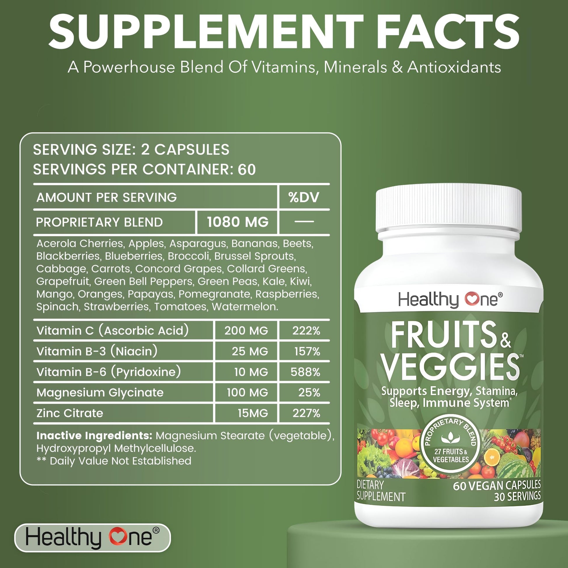Fruits & Veggies Formula - 27 Premium Whole Foods - Organic Ingredients - Equals 3 Servings of Fruits & Vegetables - Improve Energy, Focus & Immune Function - Fiber - Antioxidants - 120ct (60 Serv) Healthy OneAu supplements