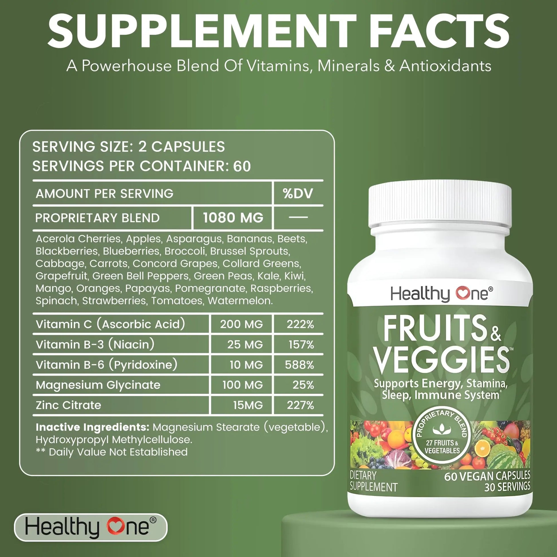 Fruits & Veggies Formula - 27 Premium Whole Foods - Organic Ingredients - Equals 3 Servings of Fruits & Vegetables - Improve Energy, Focus & Immune Function - Fiber - Antioxidants - 120ct (60 Serv) Healthy Onenz supplements