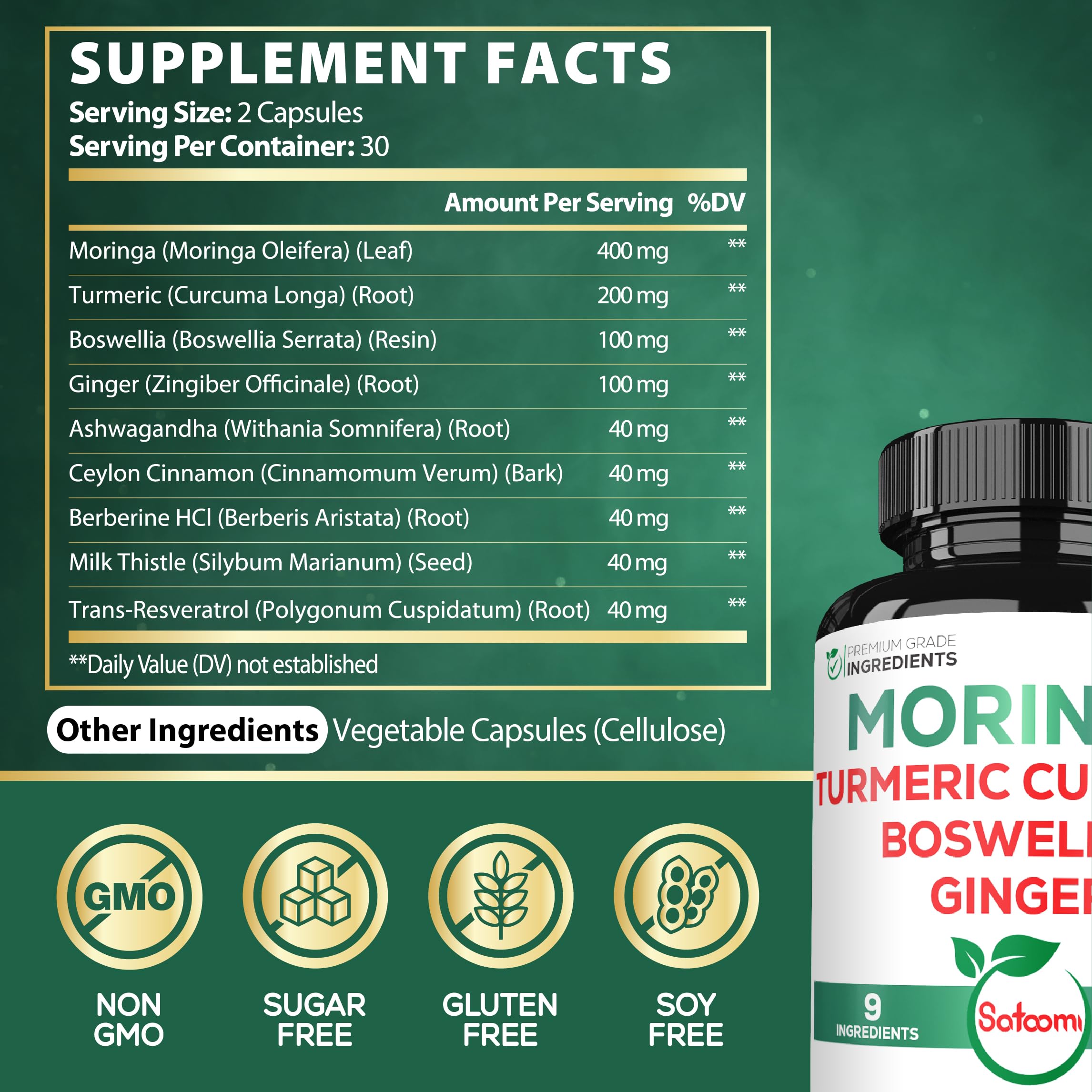 Satoomi 9in1 Moringa Capsules - Featuring Moringa, Turmeric, Boswellia, Ginger, Ashwagandha, Ceylon Cinnamon and Milk Thistle, and Resveratrol | Support Mood, Heart & Overall Health - 60 Count SatoomiAu supplements