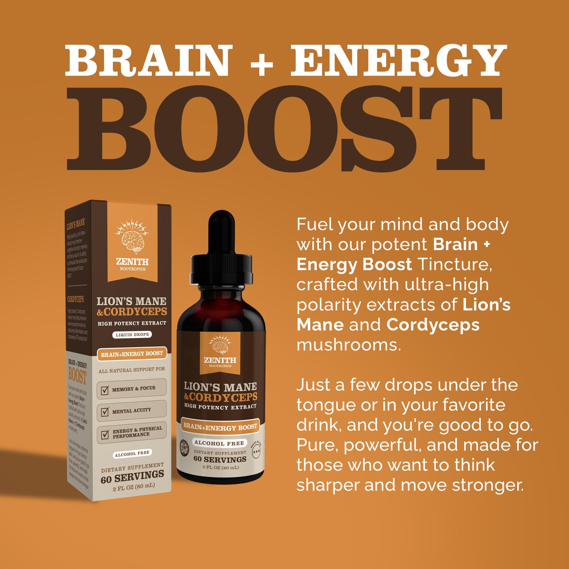 Zenith Nootropics Lion’s Mane & Cordyceps Supplement – Brain & Energy Support – Focus, Memory, Clarity, Immunity – Vegan, Alcohol-Free Tincture – Up-to 2-Month Supply, 2 fl oz Zenith NootropicsAu supplements